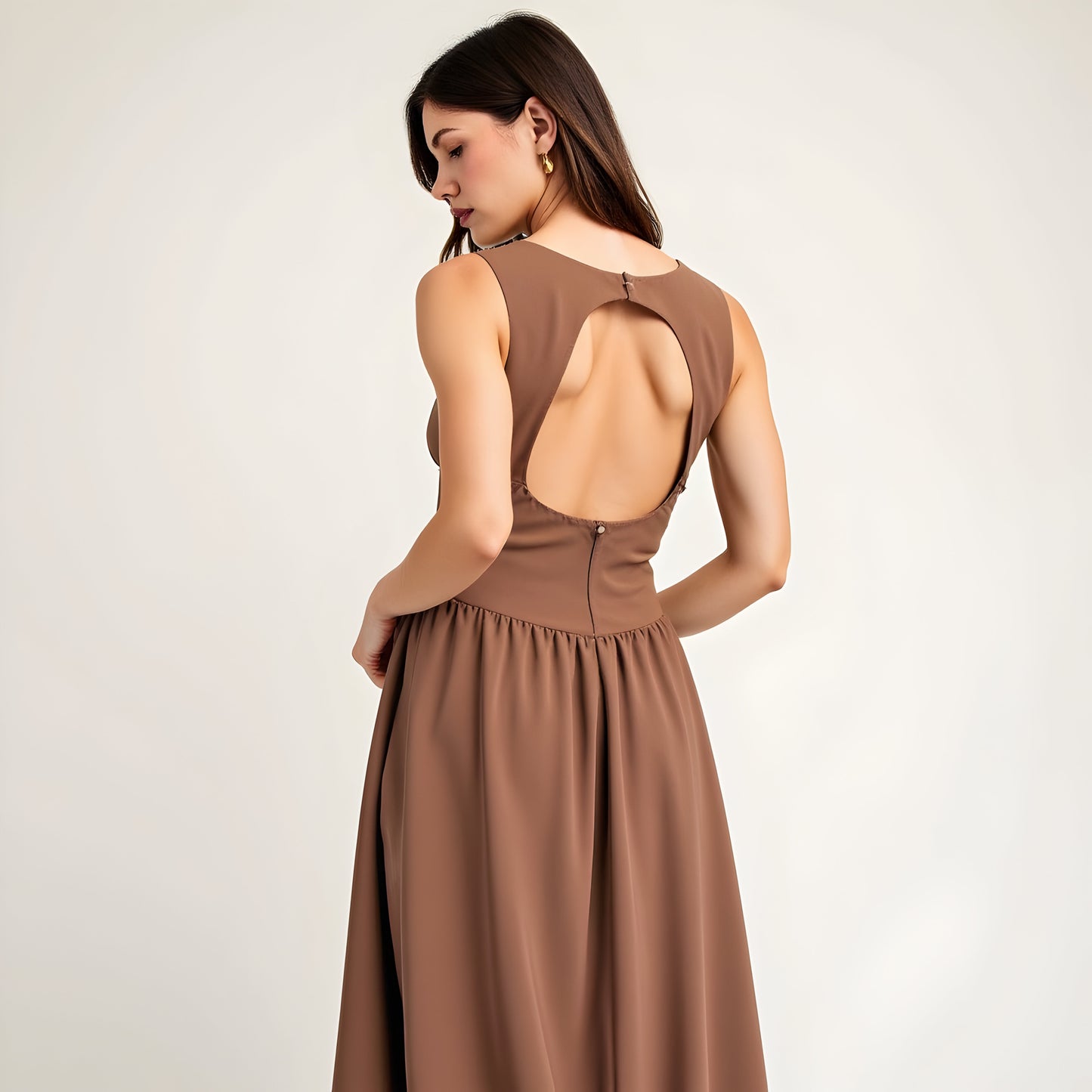 Sleeveless Fit-and-Flare Midi Bubble Hem Dress with Gathered Skirt Detail