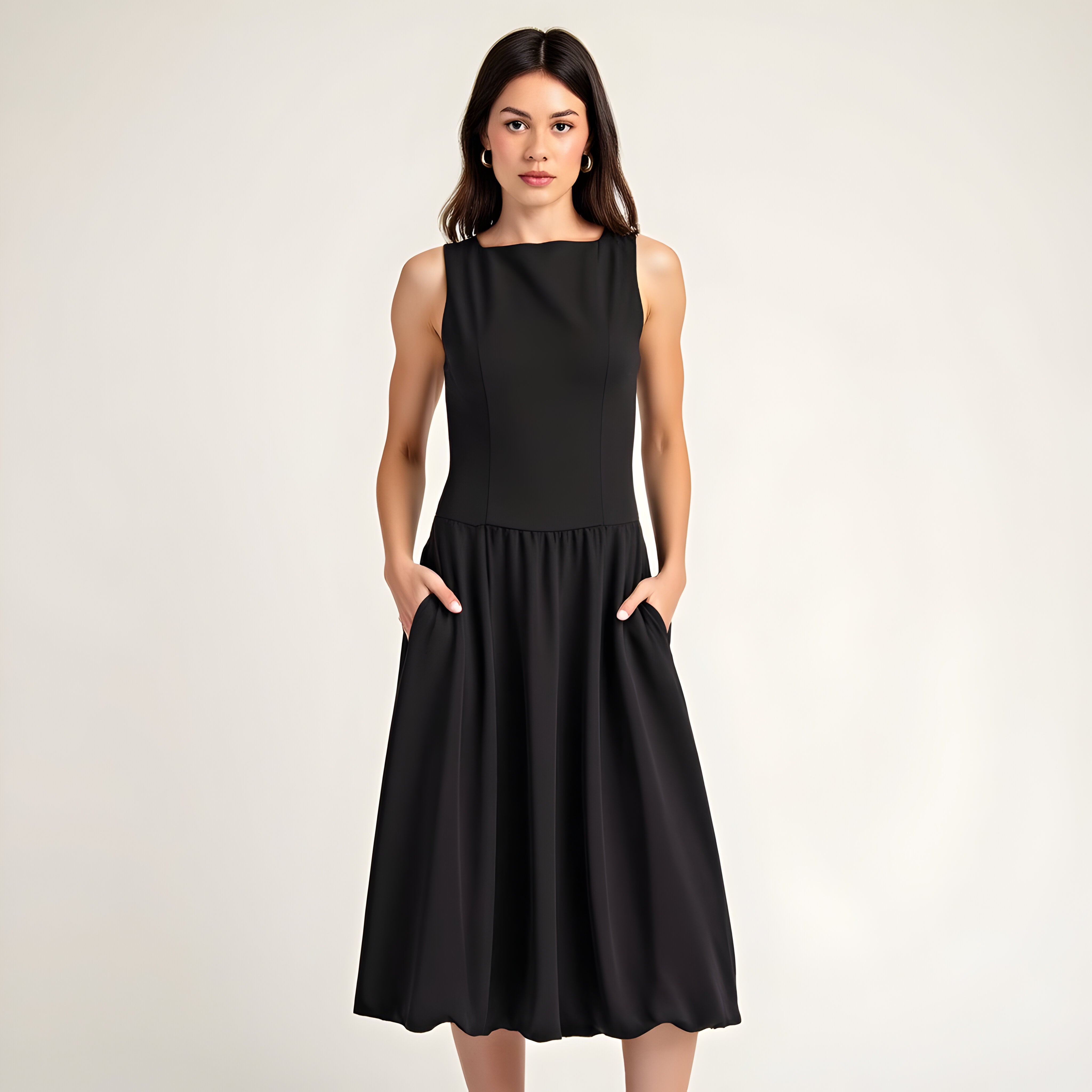 Sleeveless Fit-and-Flare Midi Dress with Gathered Skirt Detail – Modenaire