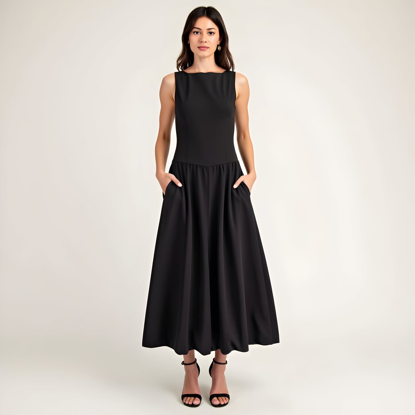 Sleeveless Fit-and-Flare Midi Dress with Gathered Skirt Detail