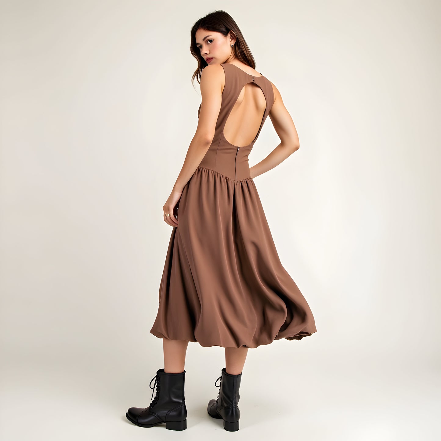 Sleeveless Fit-and-Flare Midi Bubble Hem Dress with Gathered Skirt Detail