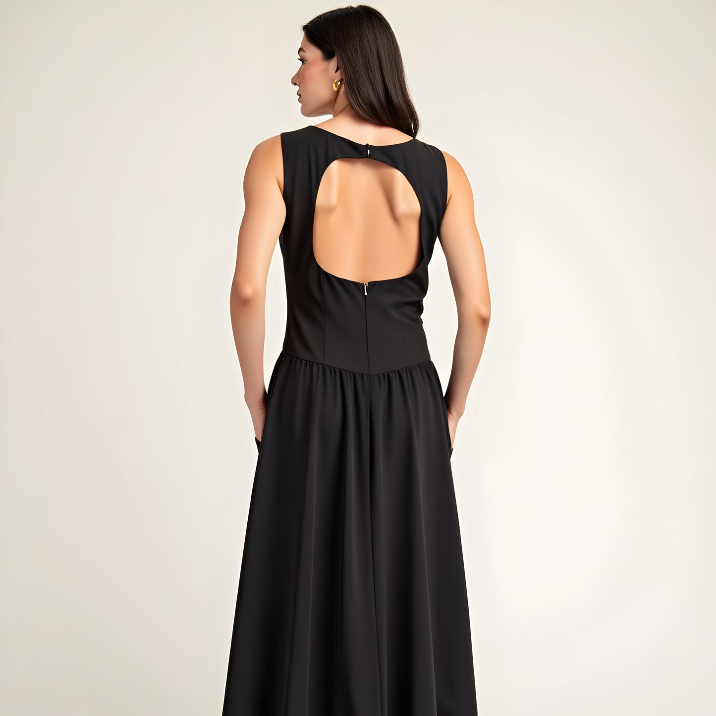 Sleeveless Fit-and-Flare Midi Dress with Gathered Skirt Detail