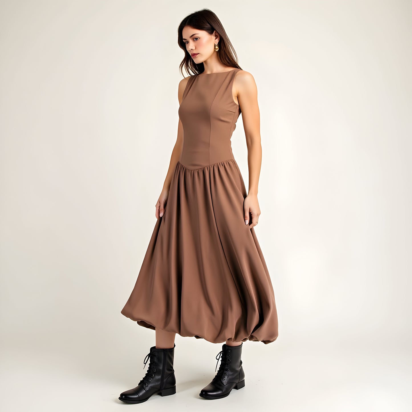 Sleeveless Fit-and-Flare Midi Bubble Hem Dress with Gathered Skirt Detail