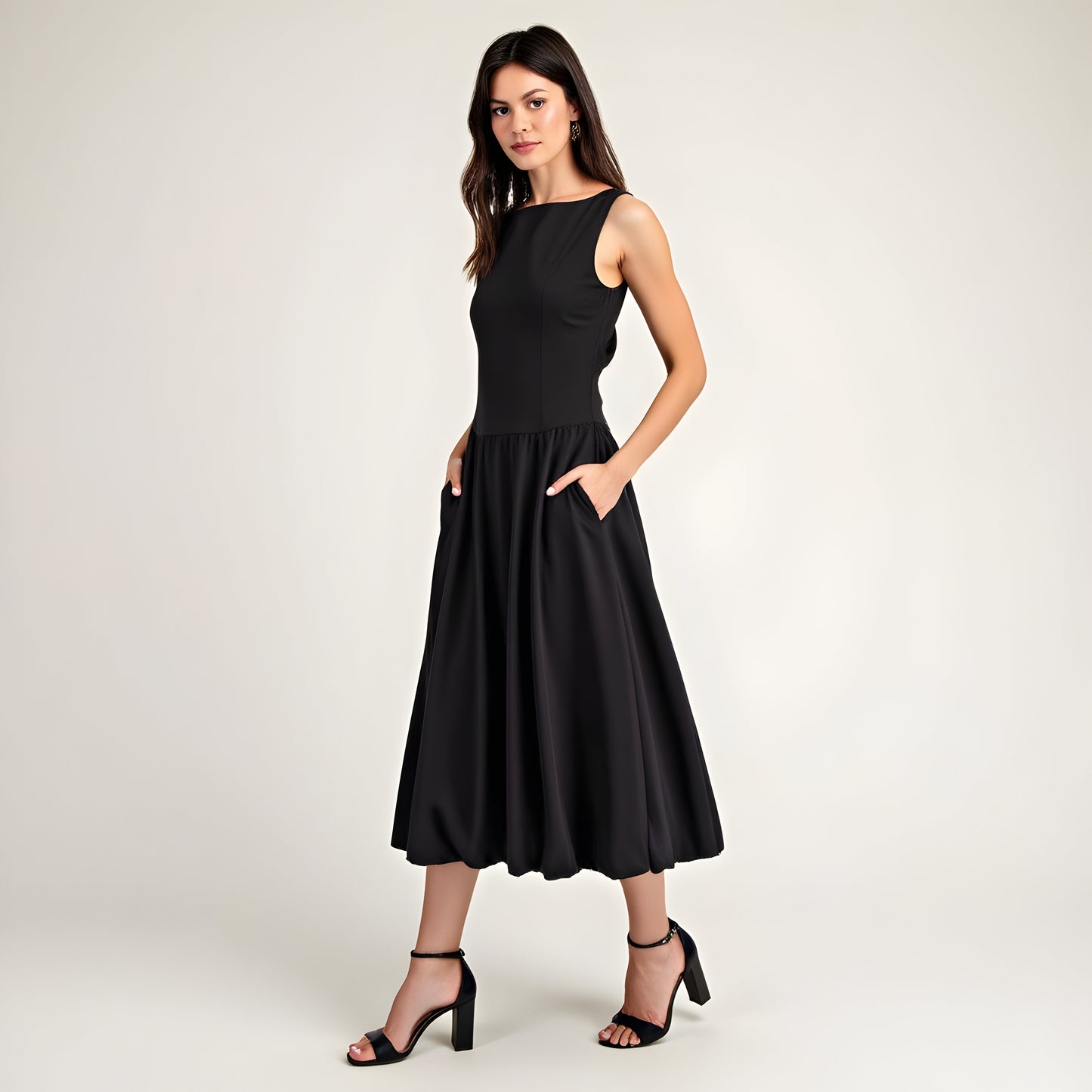 Sleeveless Fit-and-Flare Midi Dress with Gathered Skirt Detail