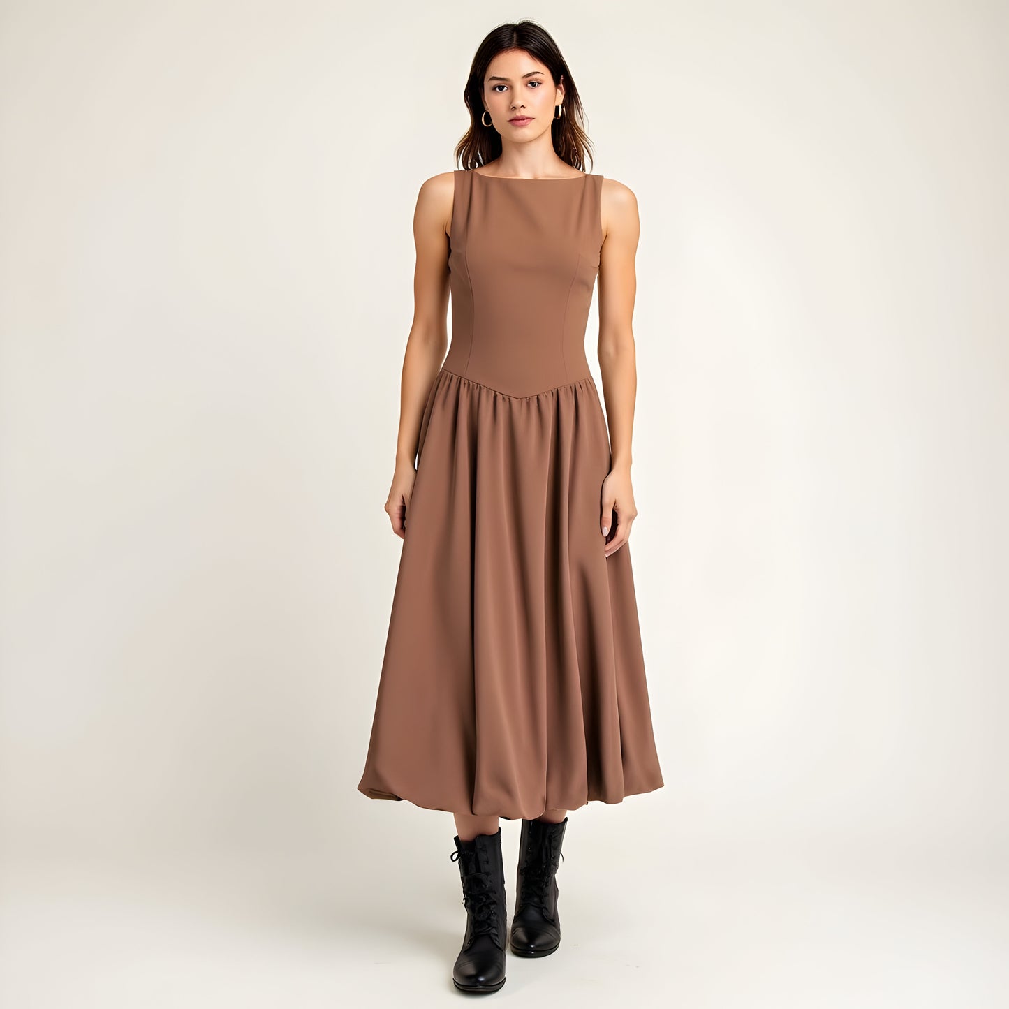 Sleeveless Fit-and-Flare Midi Bubble Hem Dress with Gathered Skirt Detail