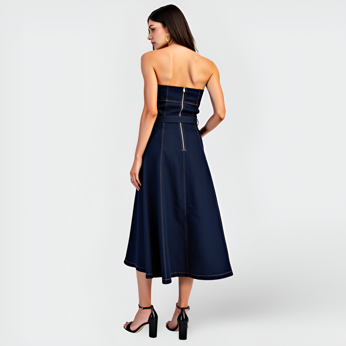 Strapless Denim Midi Dress with Belted Waist, Contrast Stitching and Pockets