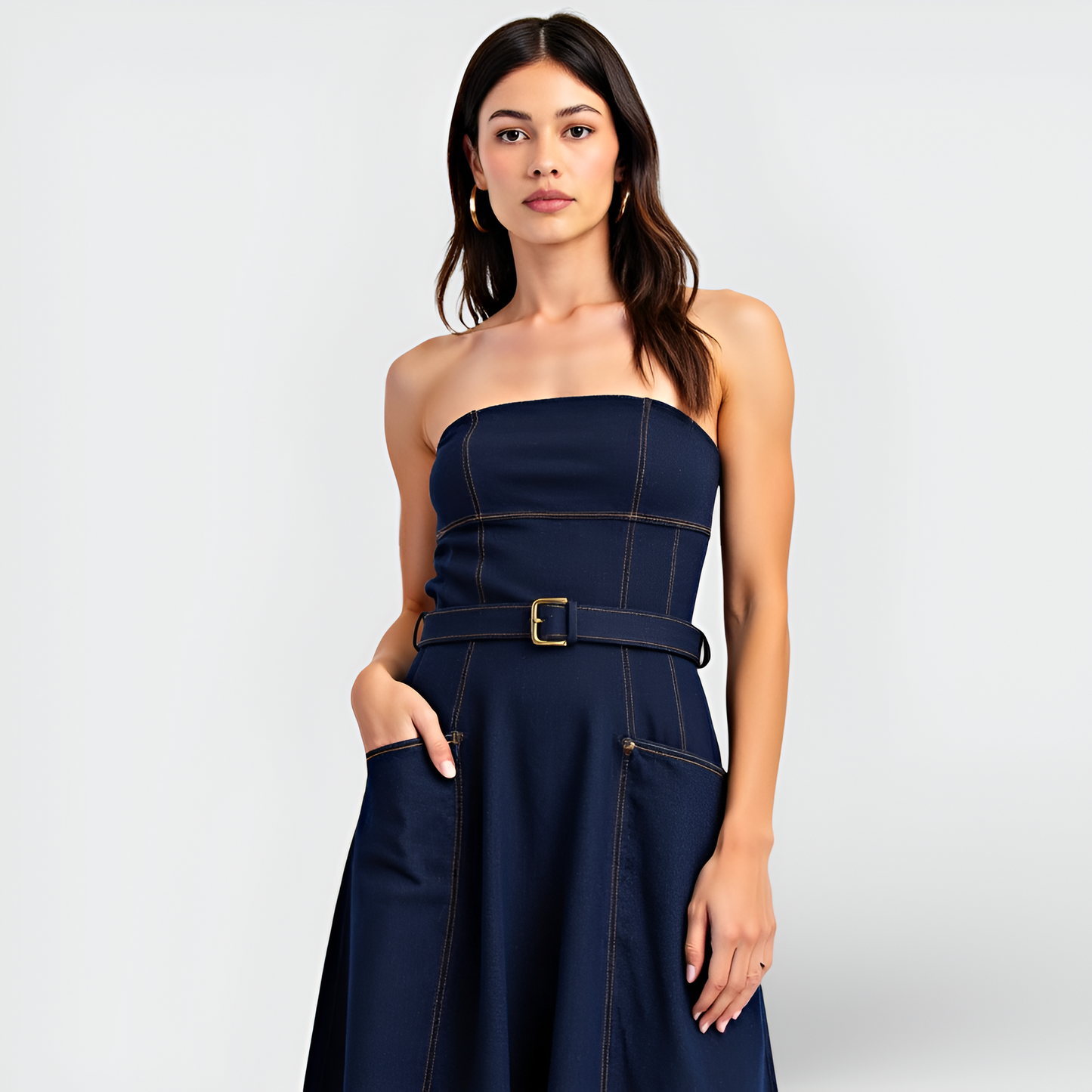 Strapless Denim Midi Dress with Belted Waist, Contrast Stitching and Pockets