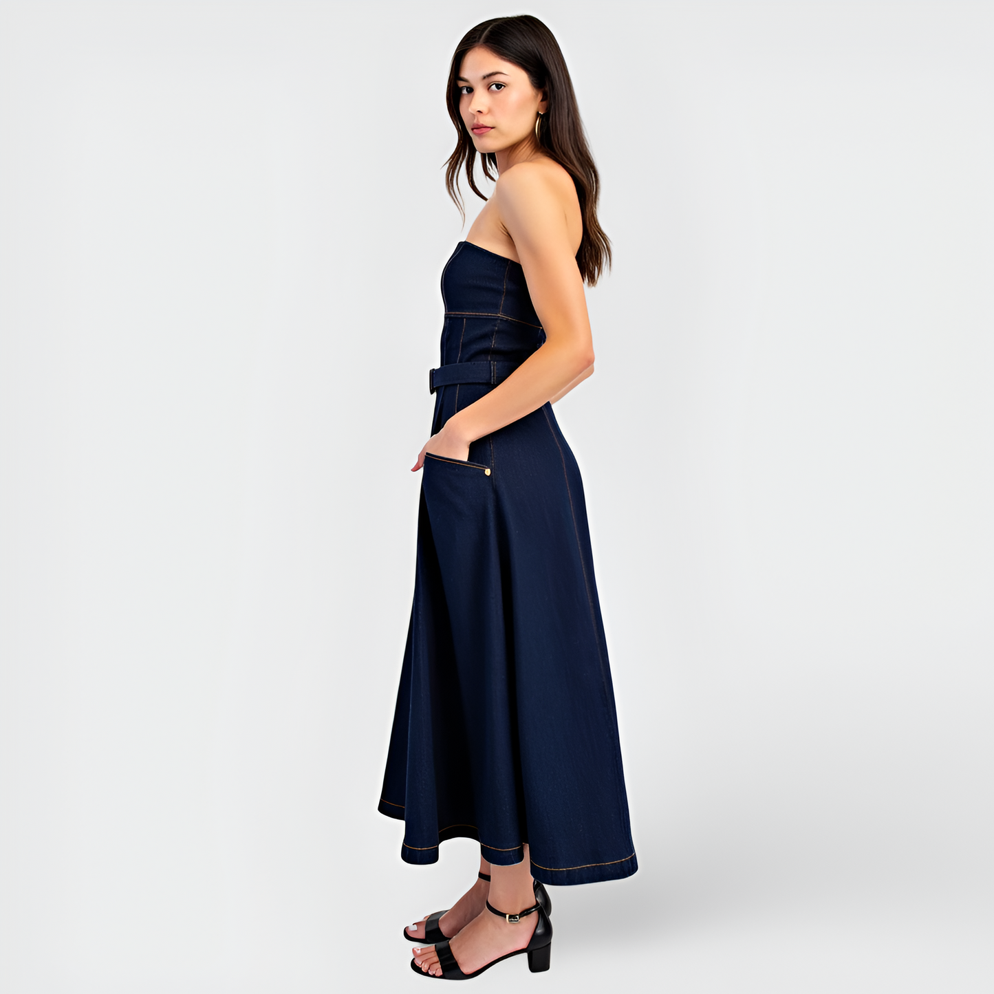 Strapless Denim Midi Dress with Belted Waist, Contrast Stitching and Pockets