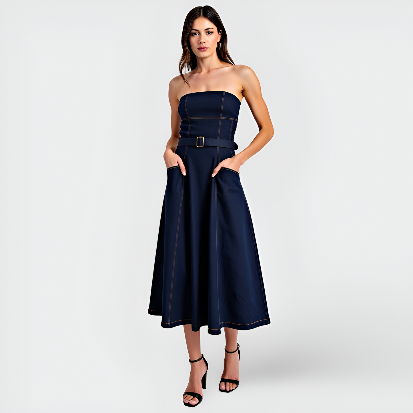 Strapless Denim Midi Dress with Belted Waist, Contrast Stitching and Pockets