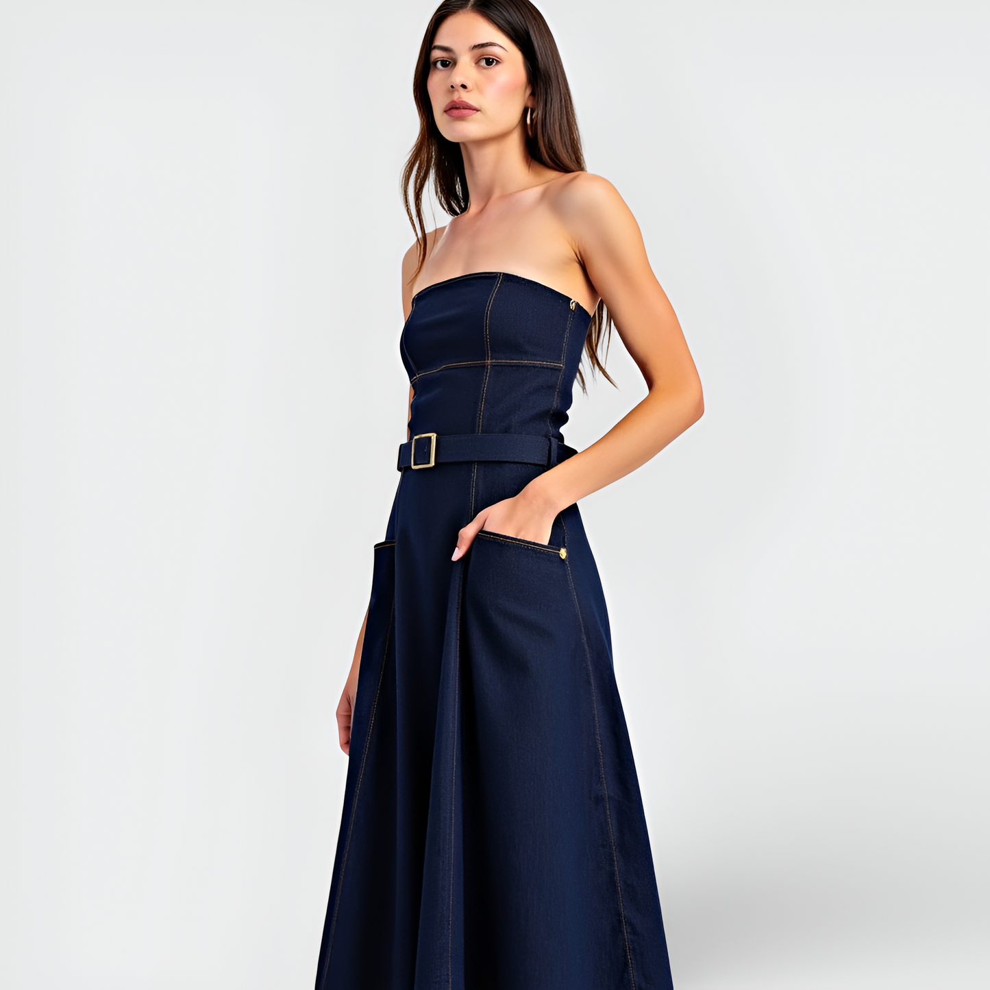 Strapless Denim Midi Dress with Belted Waist, Contrast Stitching and Pockets