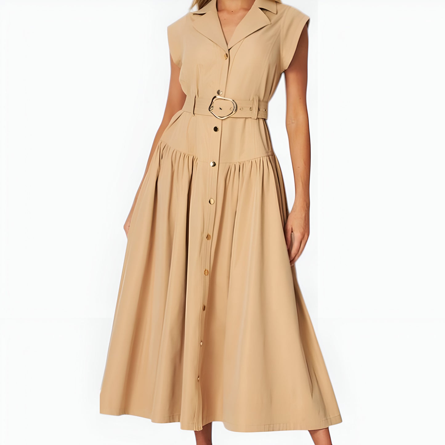 Cap Sleeve Midi Shirt Dress with Button Front, Belted Waist and Collar