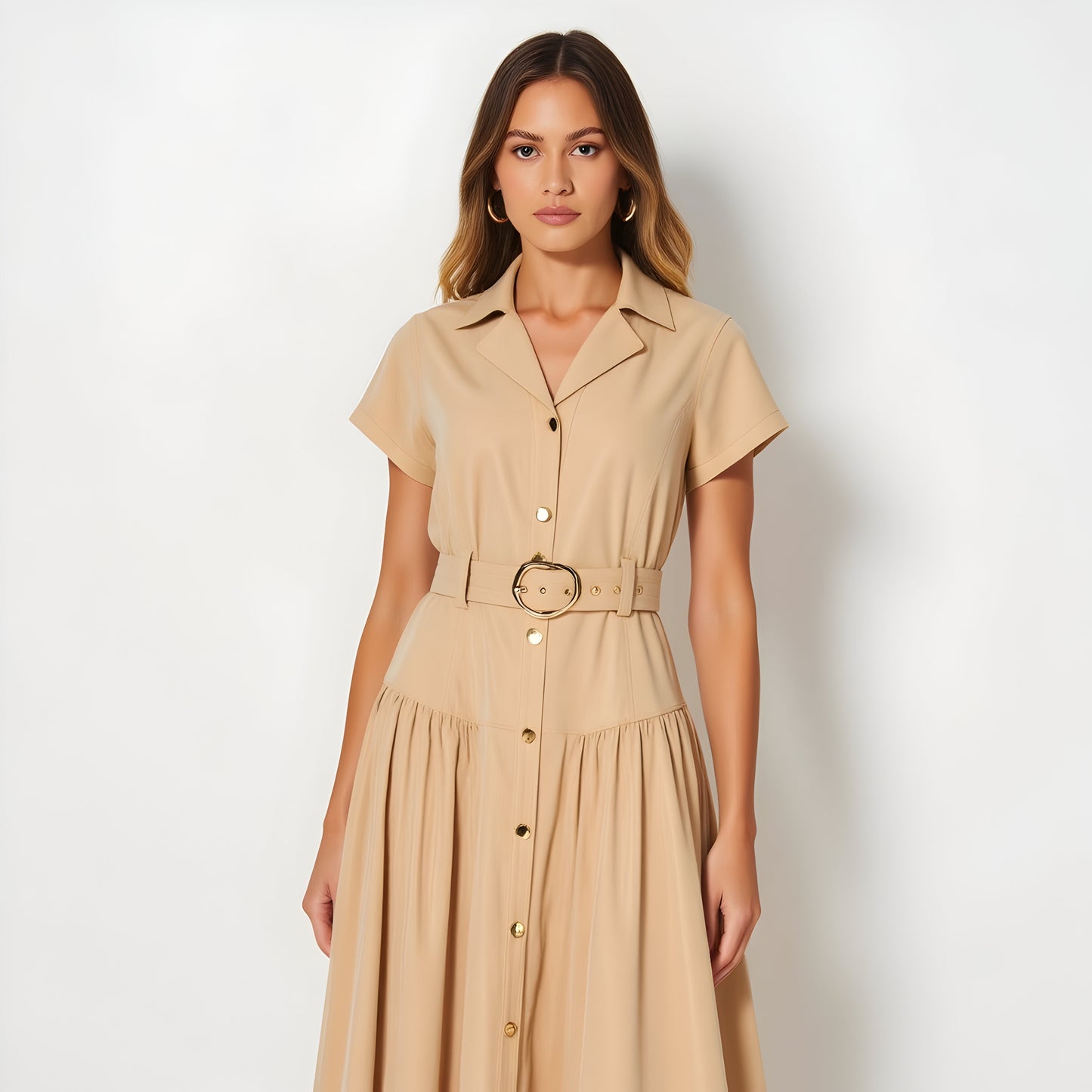 Cap Sleeve Midi Shirt Dress with Button Front, Belted Waist and Collar