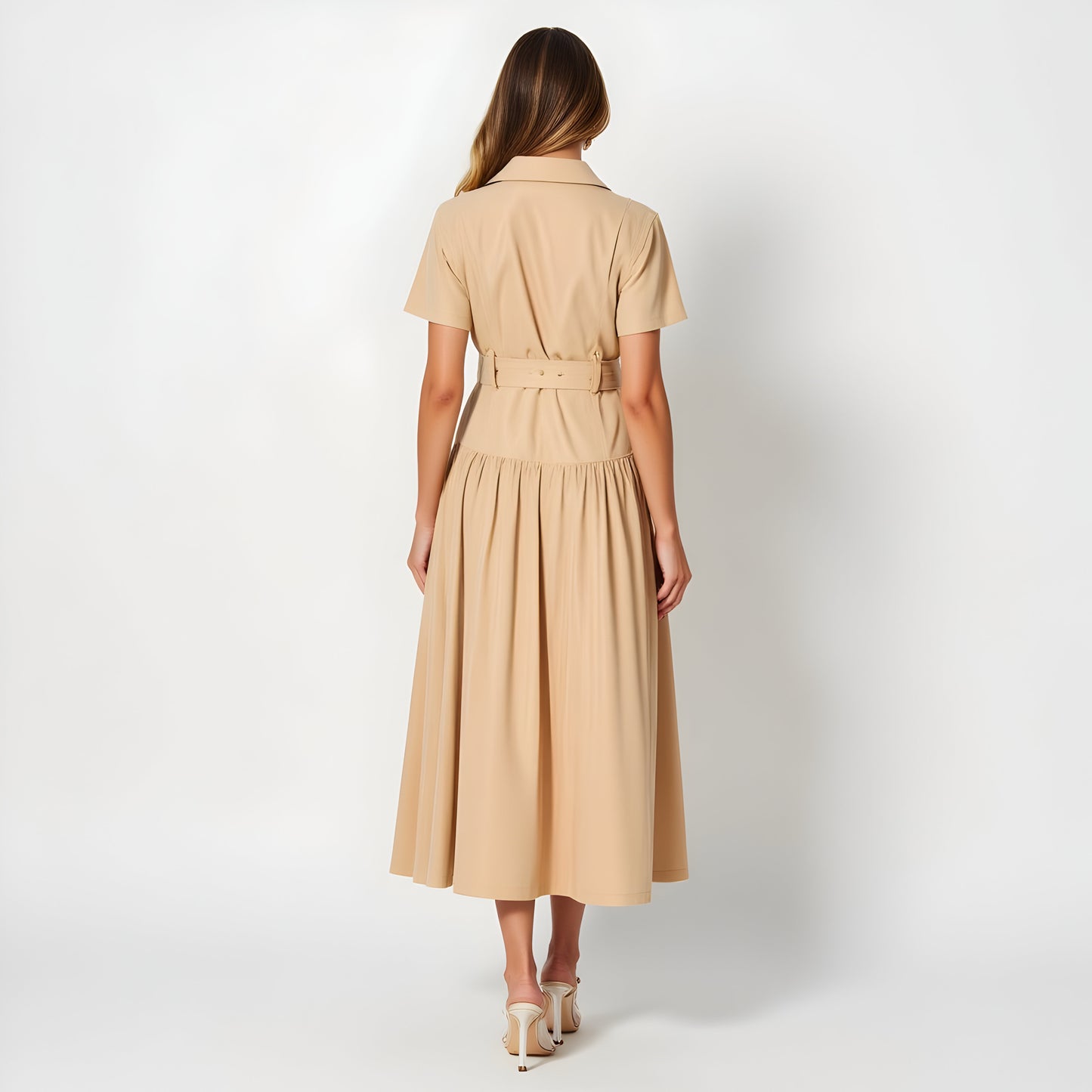 Cap Sleeve Midi Shirt Dress with Button Front, Belted Waist and Collar