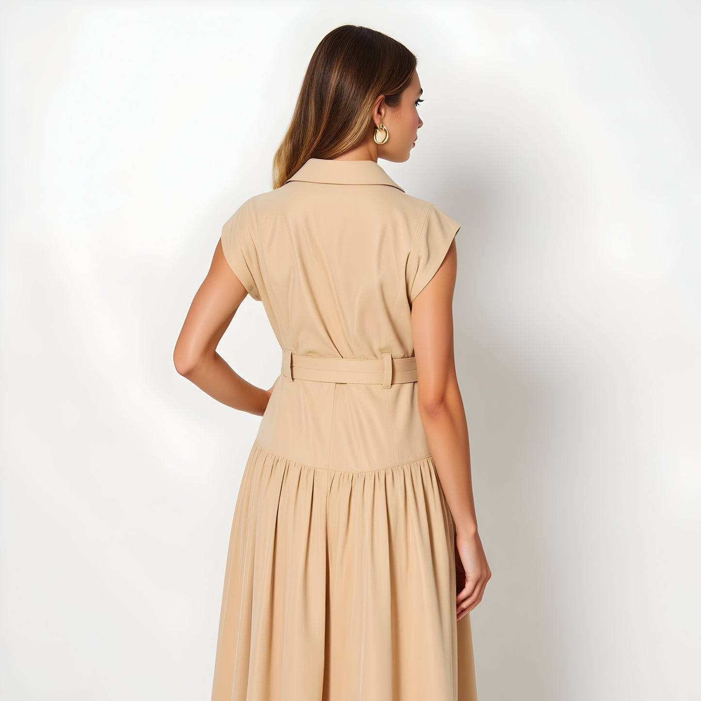 Cap Sleeve Midi Shirt Dress with Button Front, Belted Waist and Collar