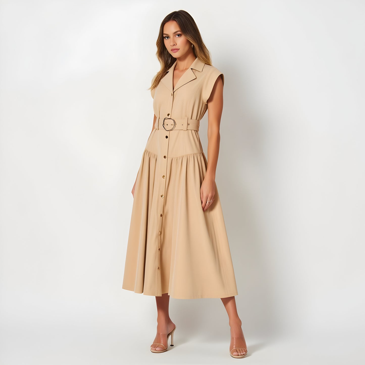 Cap Sleeve Midi Shirt Dress with Button Front, Belted Waist and Collar