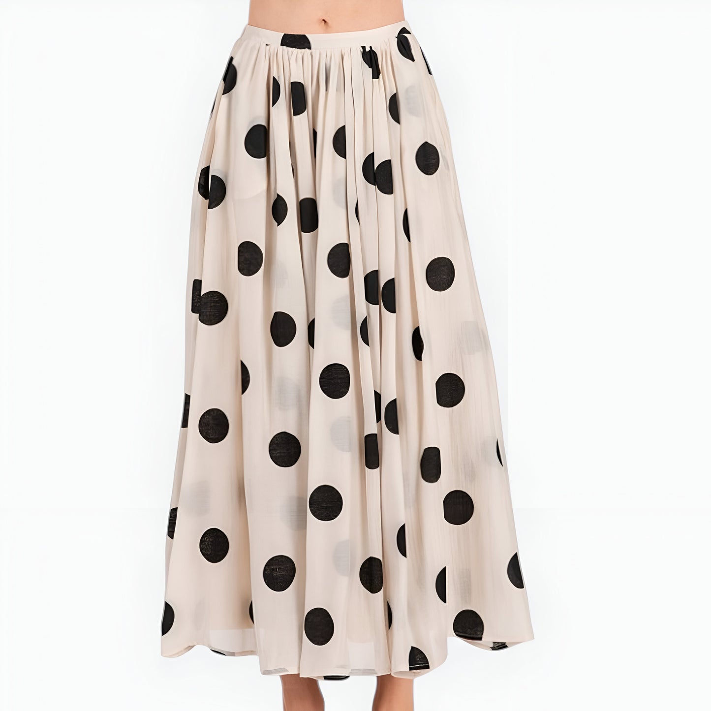 Polka Dot Pleated Midi Skirt with A-Line Silhouette and Fitted Waistband