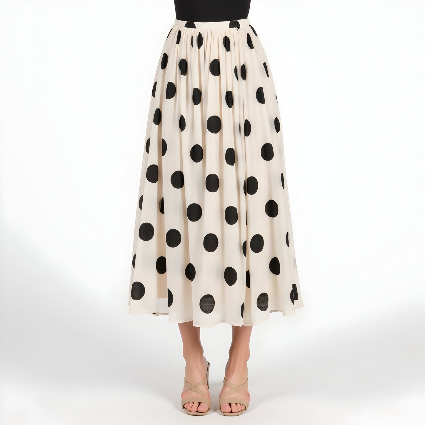 Polka Dot Pleated Midi Skirt with A-Line Silhouette and Fitted Waistband