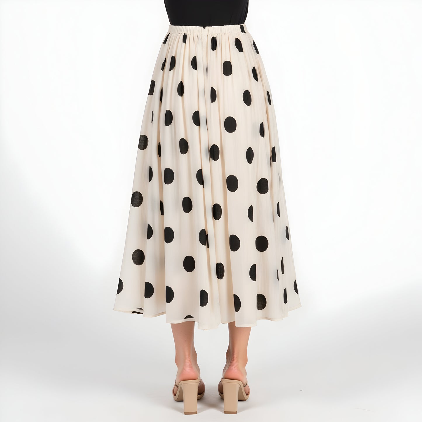Polka Dot Pleated Midi Skirt with A-Line Silhouette and Fitted Waistband