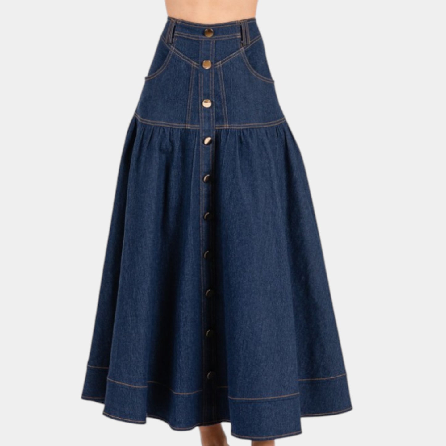 Button Front Denim Maxi Skirt with Contrast Stitching and Flared Hem