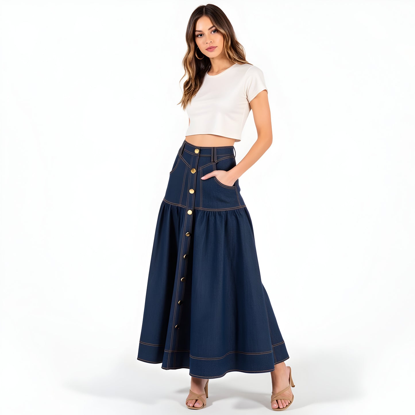 Button Front Denim Maxi Skirt with Contrast Stitching and Flared Hem