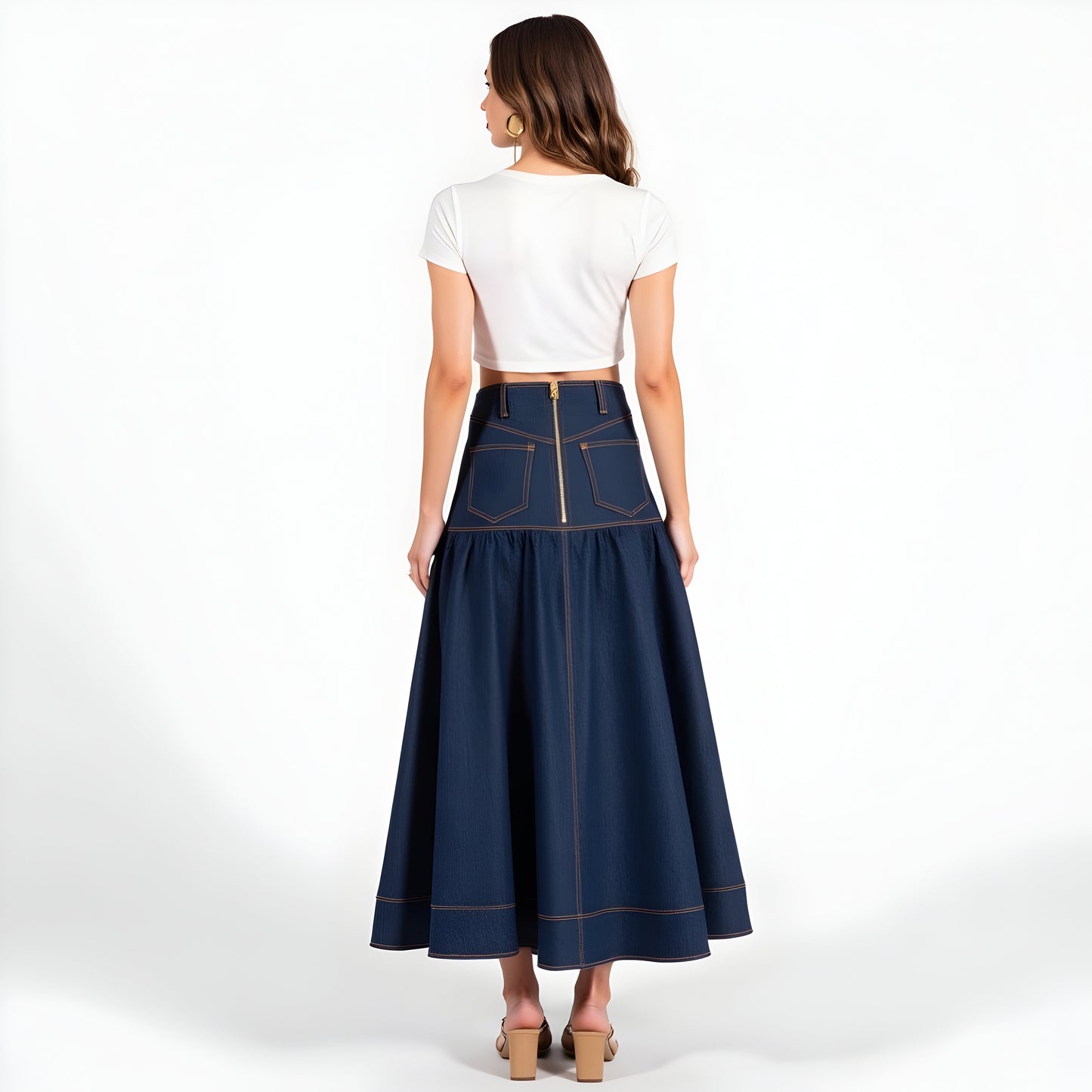 Button Front Denim Maxi Skirt with Contrast Stitching and Flared Hem
