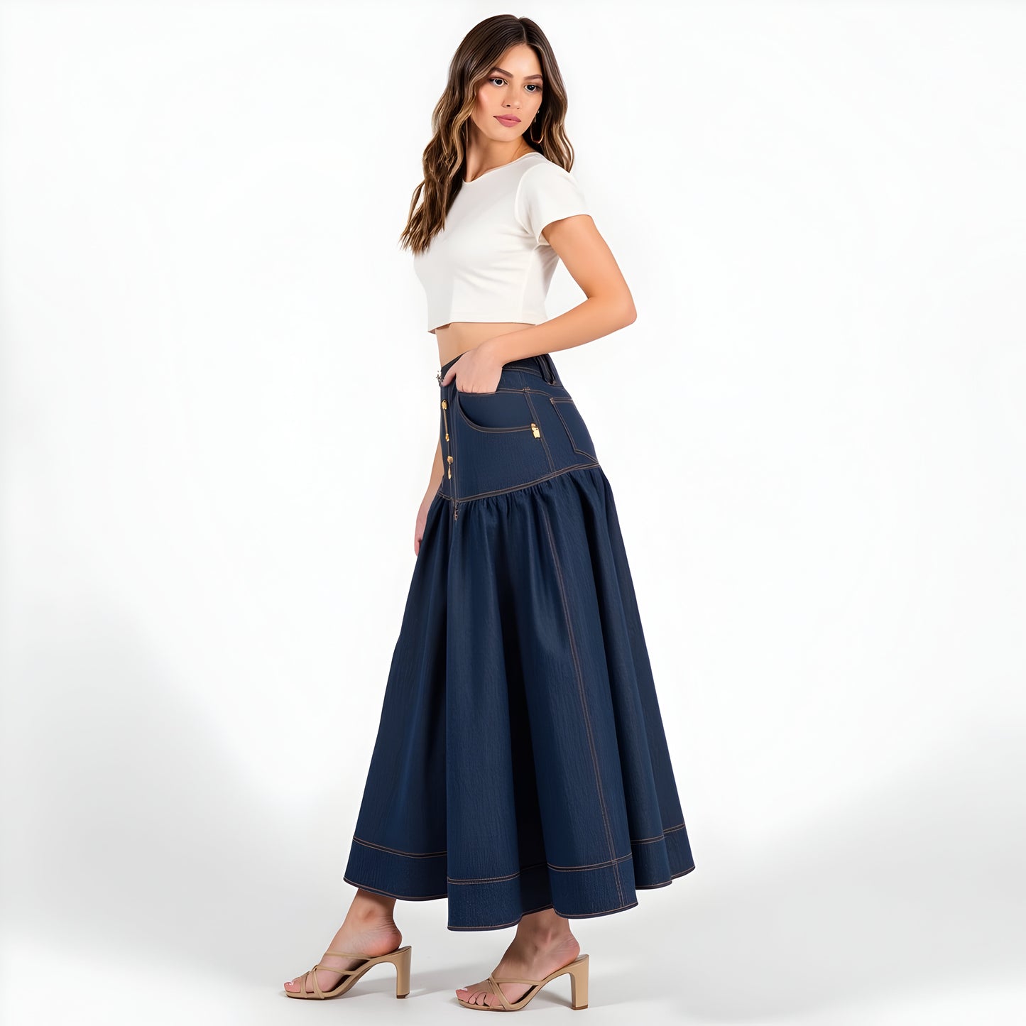 Button Front Denim Maxi Skirt with Contrast Stitching and Flared Hem