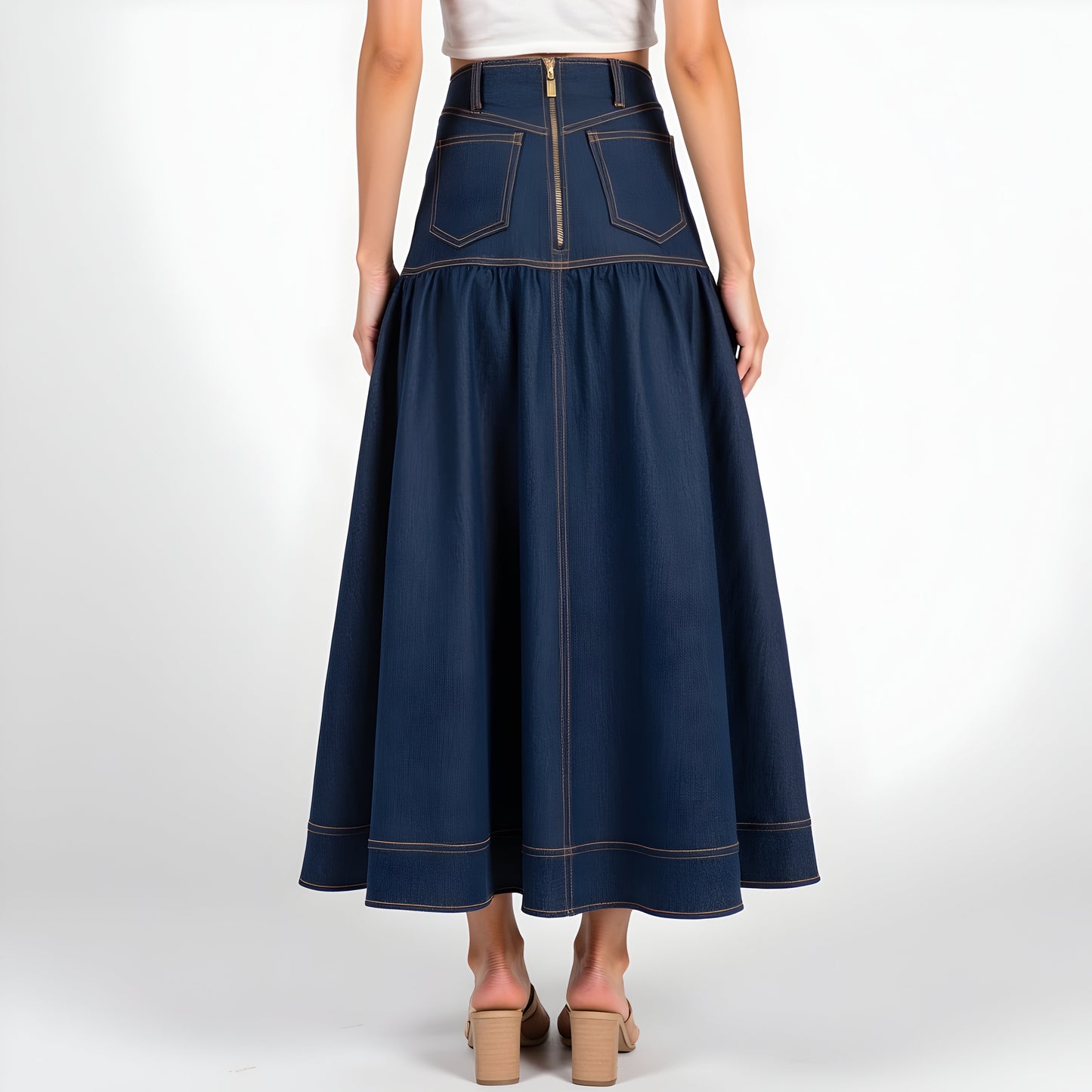 Button Front Denim Maxi Skirt with Contrast Stitching and Flared Hem