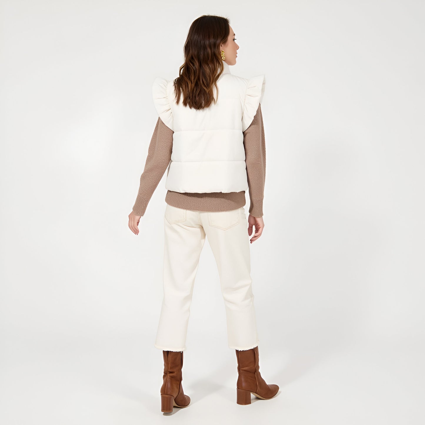 Ruffle Shoulder Puffer Vest with Front Tie Closures and Stand Collar