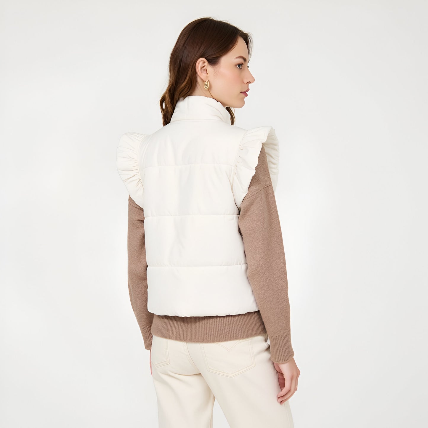 Ruffle Shoulder Puffer Vest with Front Tie Closures and Stand Collar