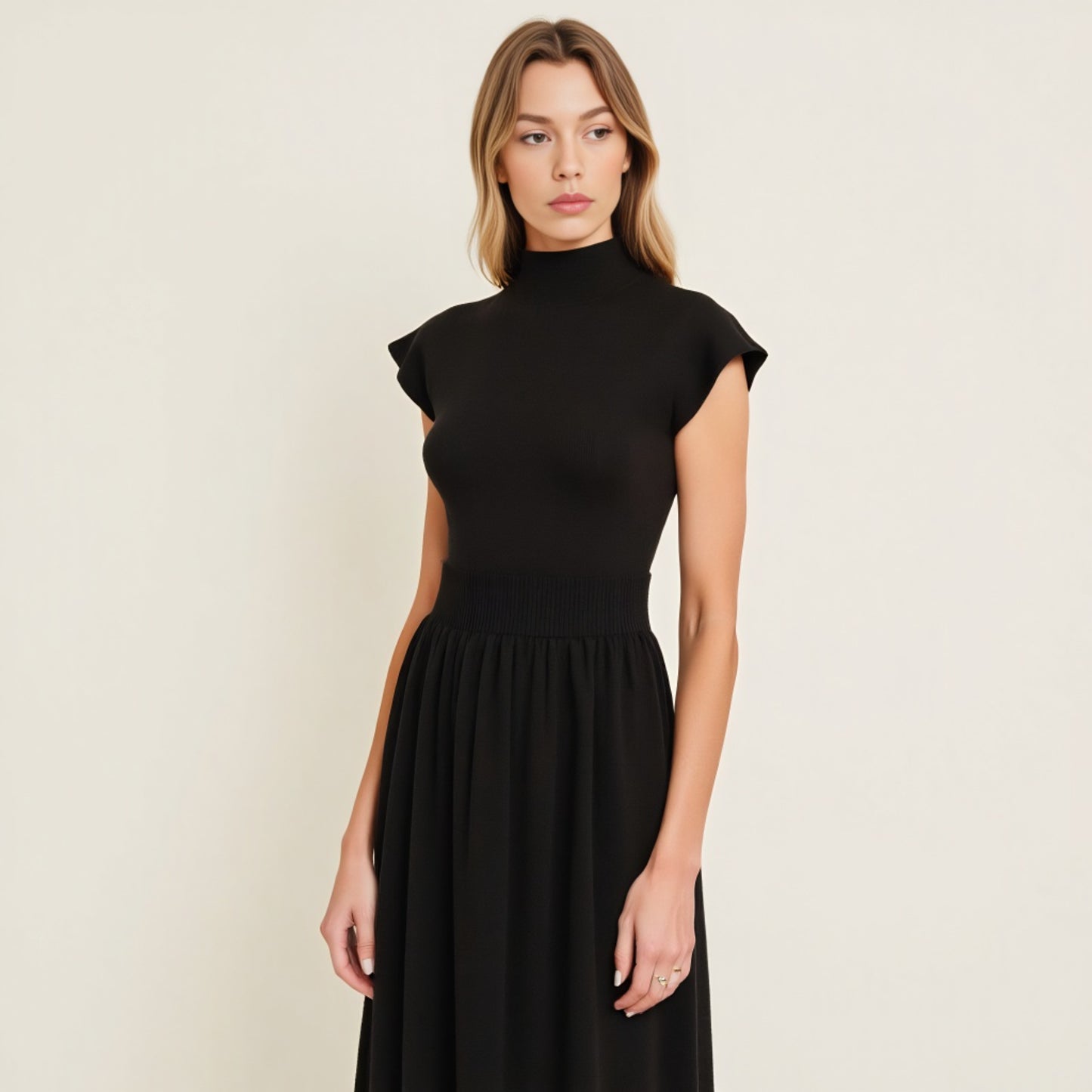 Scallop Edge Mock Neck Sleeveless Knit Midi Dress with Flared Skirt
