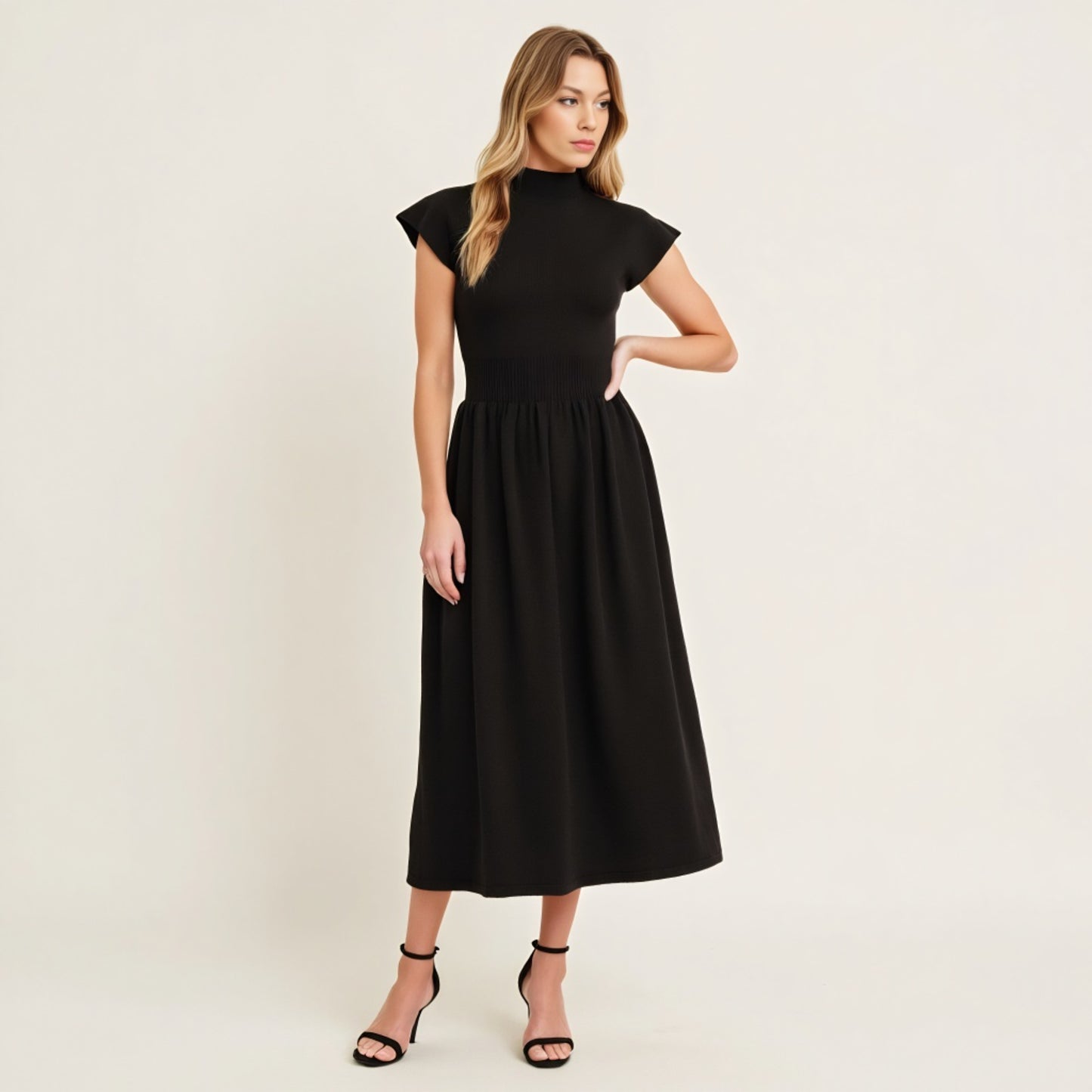 Scallop Edge Mock Neck Sleeveless Knit Midi Dress with Flared Skirt