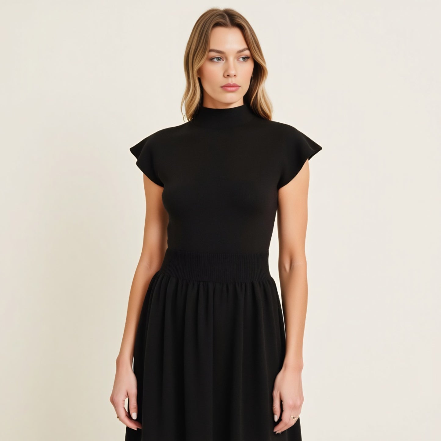 Scallop Edge Mock Neck Sleeveless Knit Midi Dress with Flared Skirt
