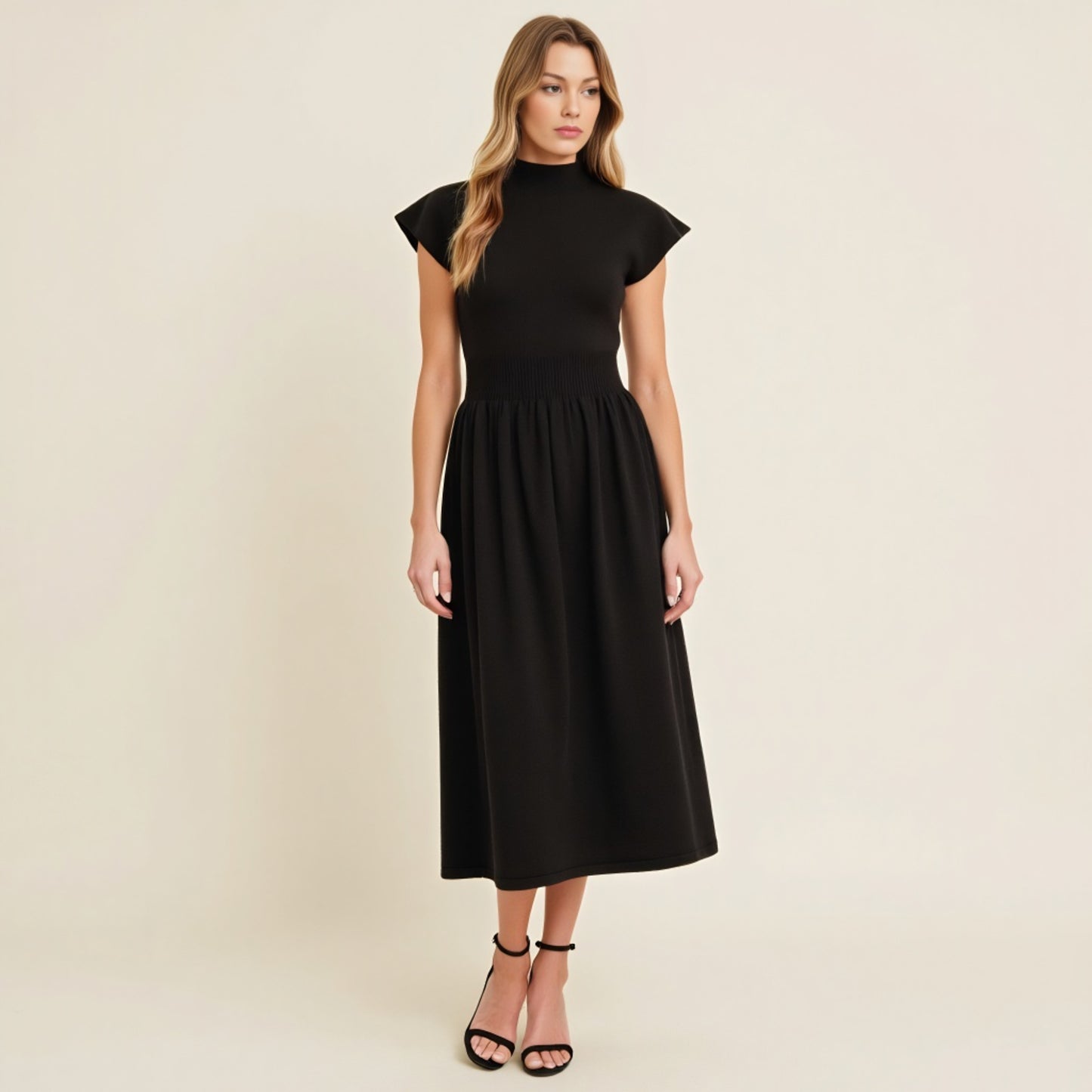 Scallop Edge Mock Neck Sleeveless Knit Midi Dress with Flared Skirt