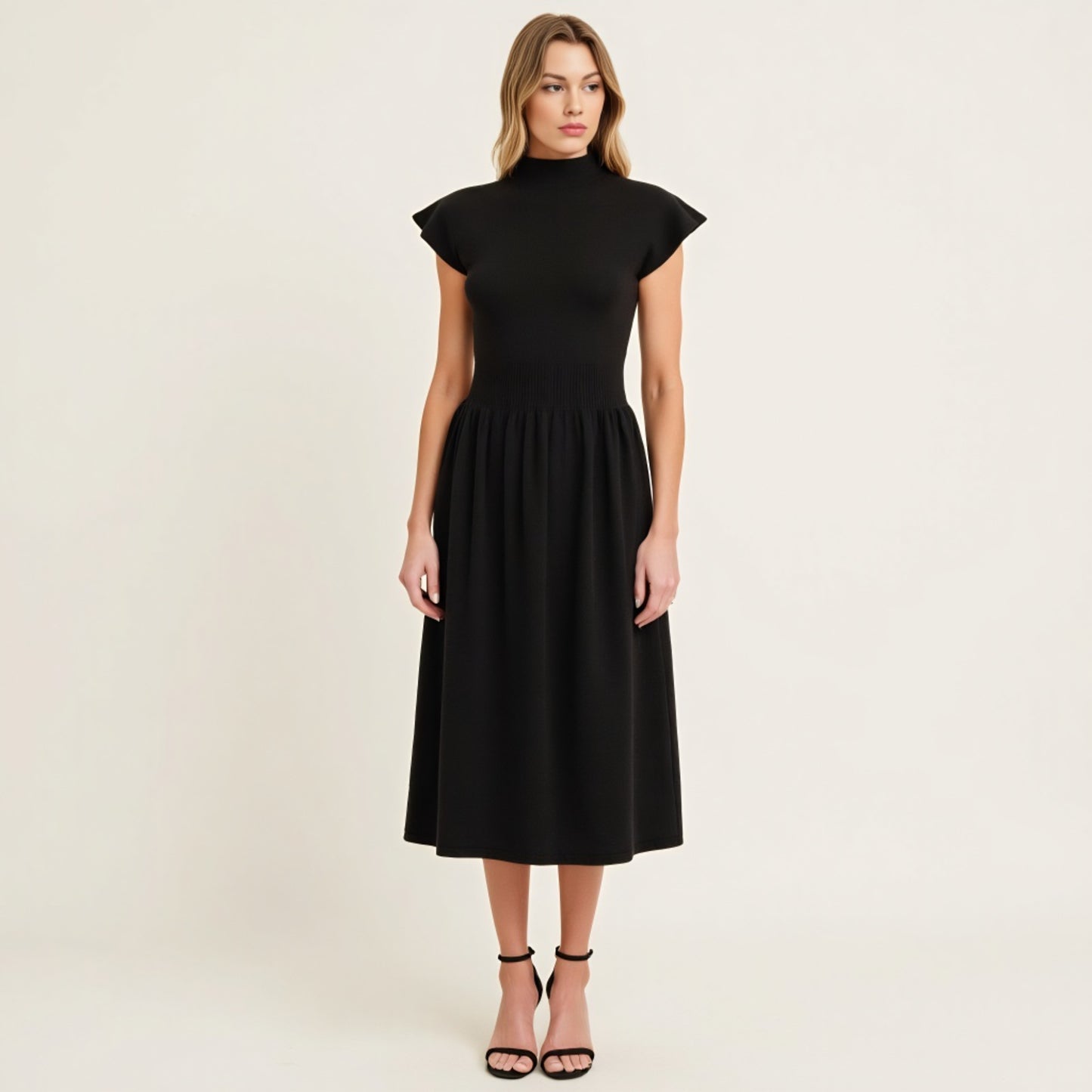 Scallop Edge Mock Neck Sleeveless Knit Midi Dress with Flared Skirt