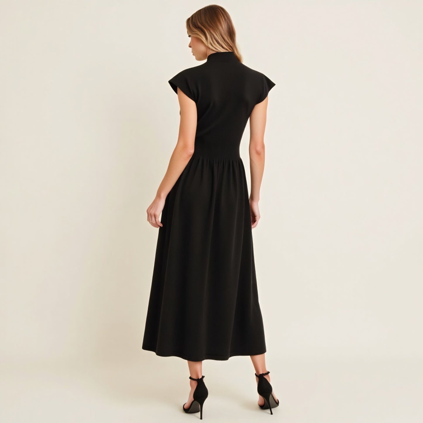 Scallop Edge Mock Neck Sleeveless Knit Midi Dress with Flared Skirt
