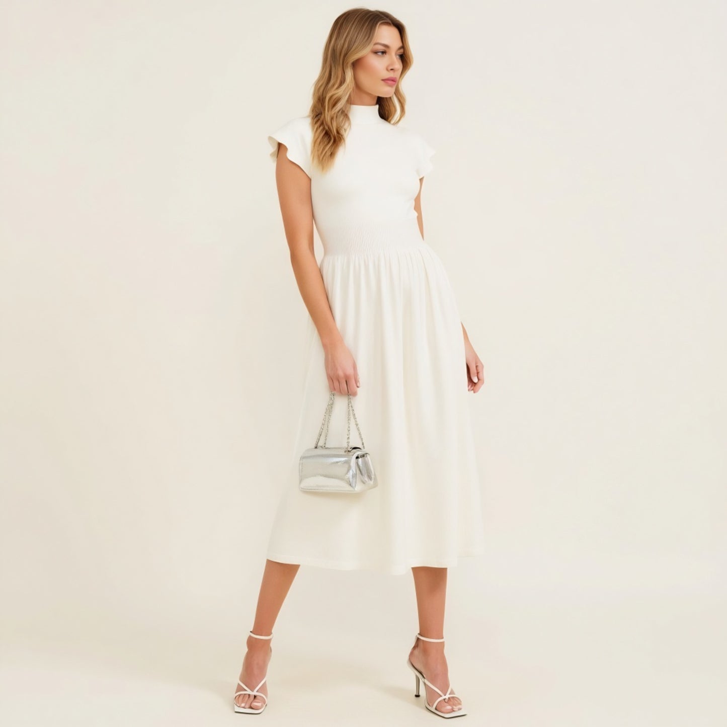 Mock Neck Cap Sleeve Knit Midi Dress with Elastic Waist Detail