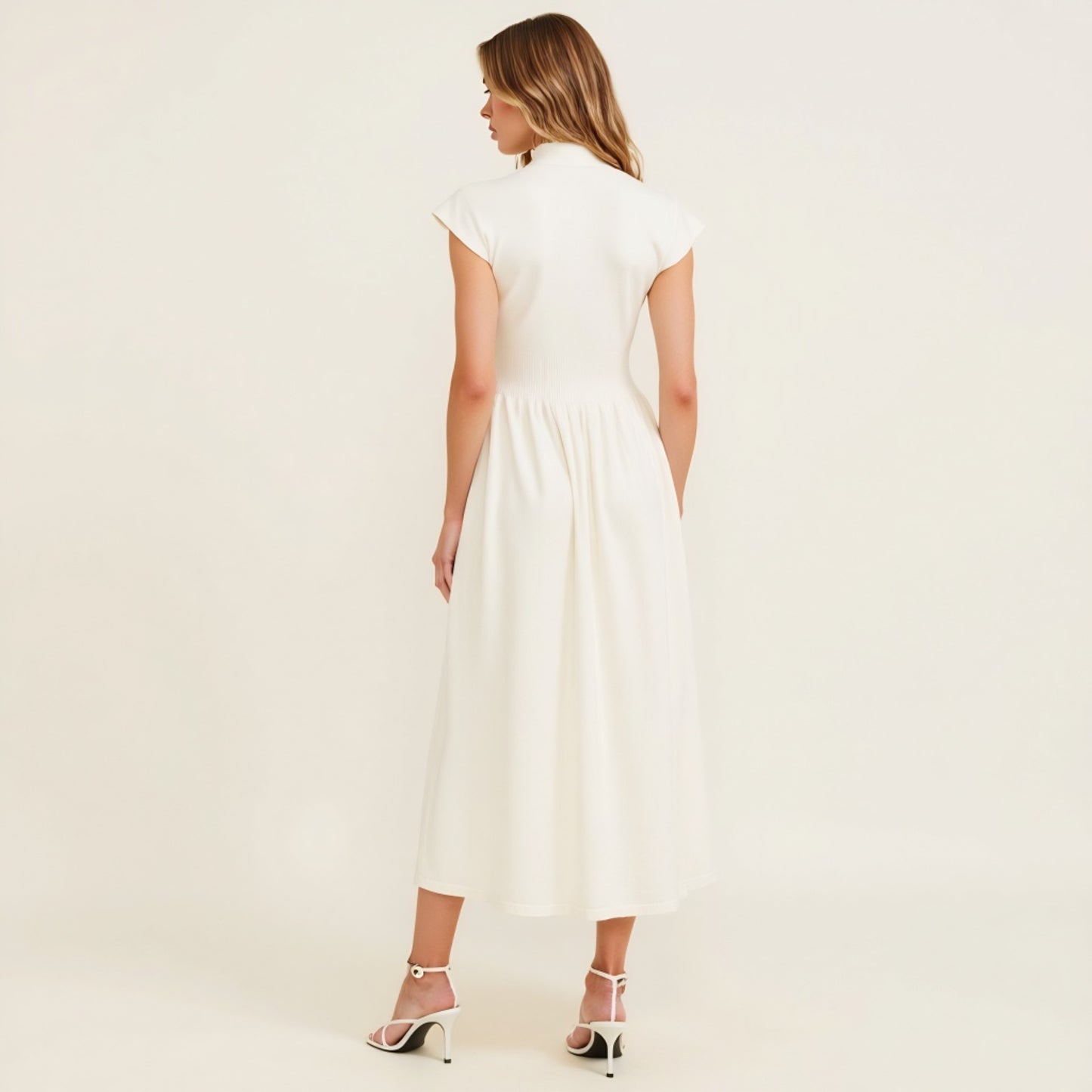 Mock Neck Cap Sleeve Knit Midi Dress with Elastic Waist Detail