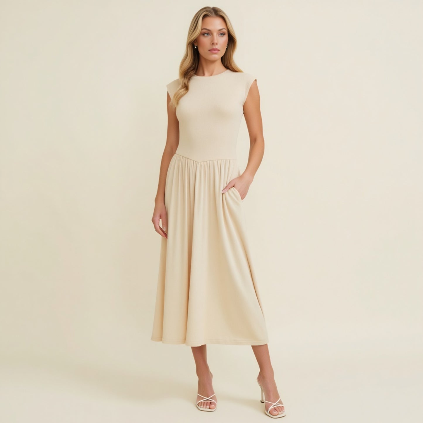 Cap Sleeve Knit Bodice Dress with Flowy Midi Skirt and Side Pockets