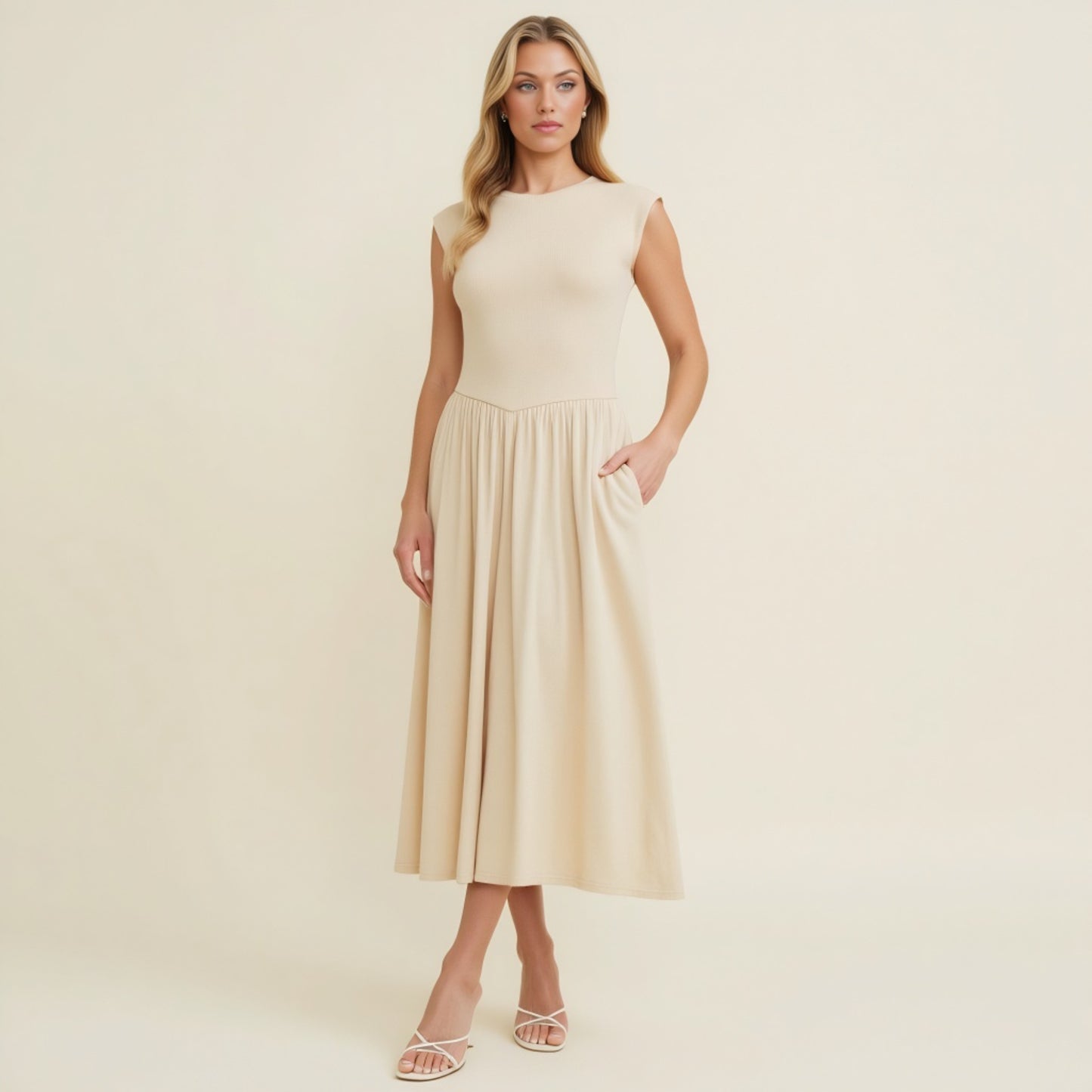 Cap Sleeve Knit Bodice Dress with Flowy Midi Skirt and Side Pockets