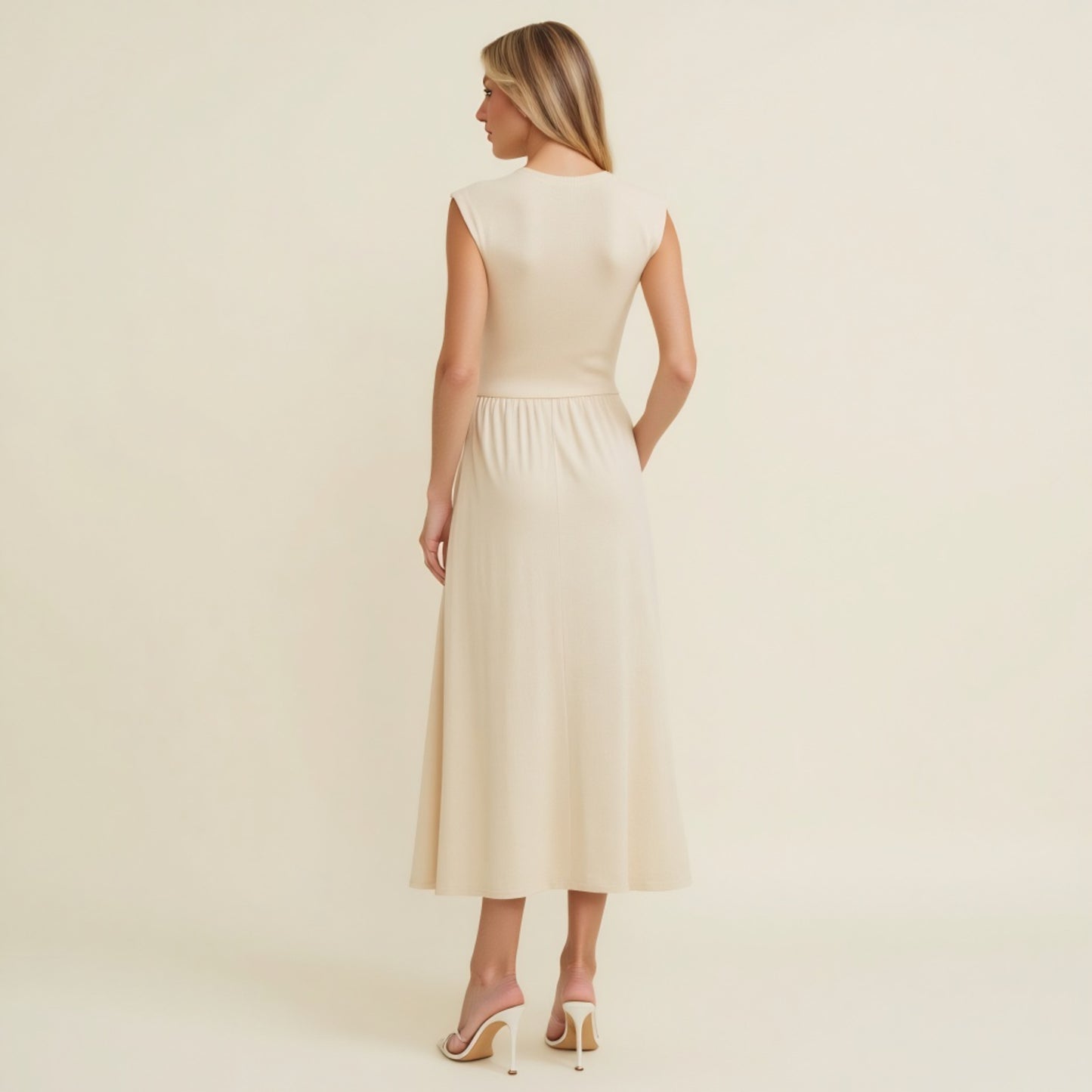 Cap Sleeve Knit Bodice Dress with Flowy Midi Skirt and Side Pockets