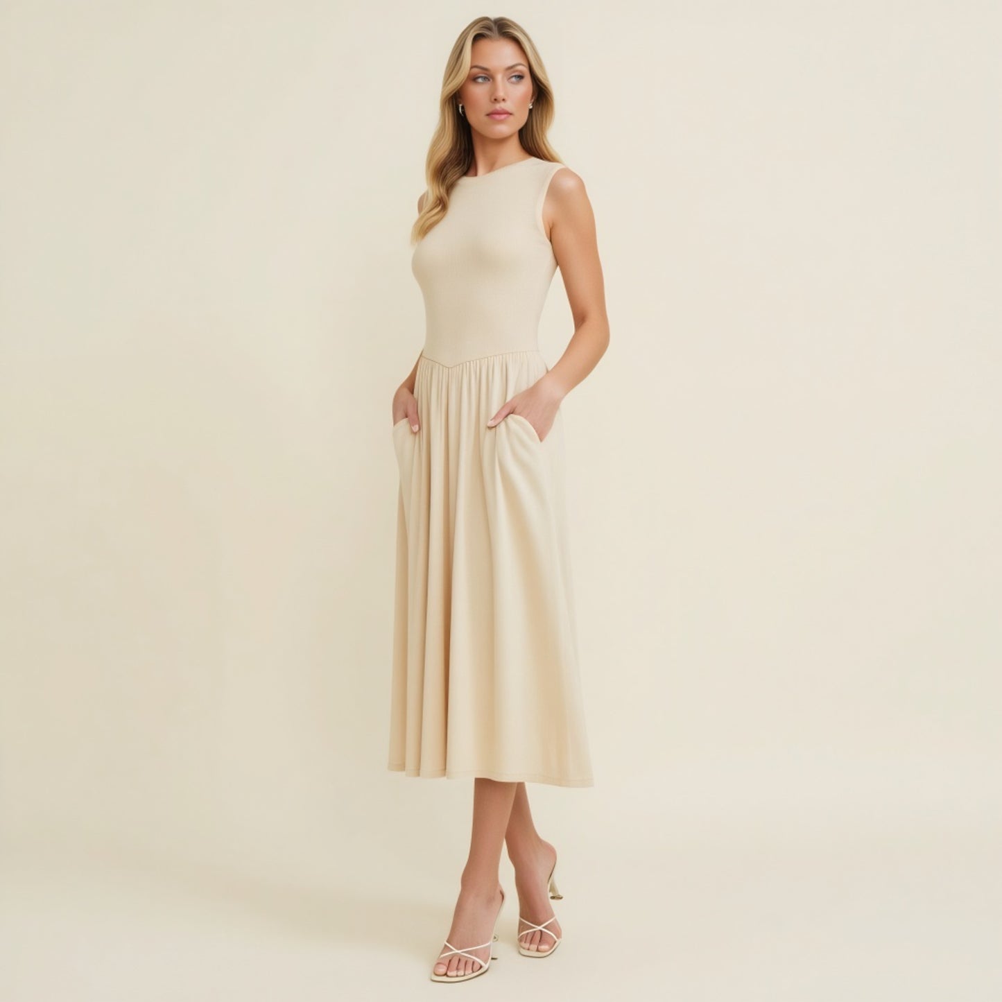 Cap Sleeve Knit Bodice Dress with Flowy Midi Skirt and Side Pockets