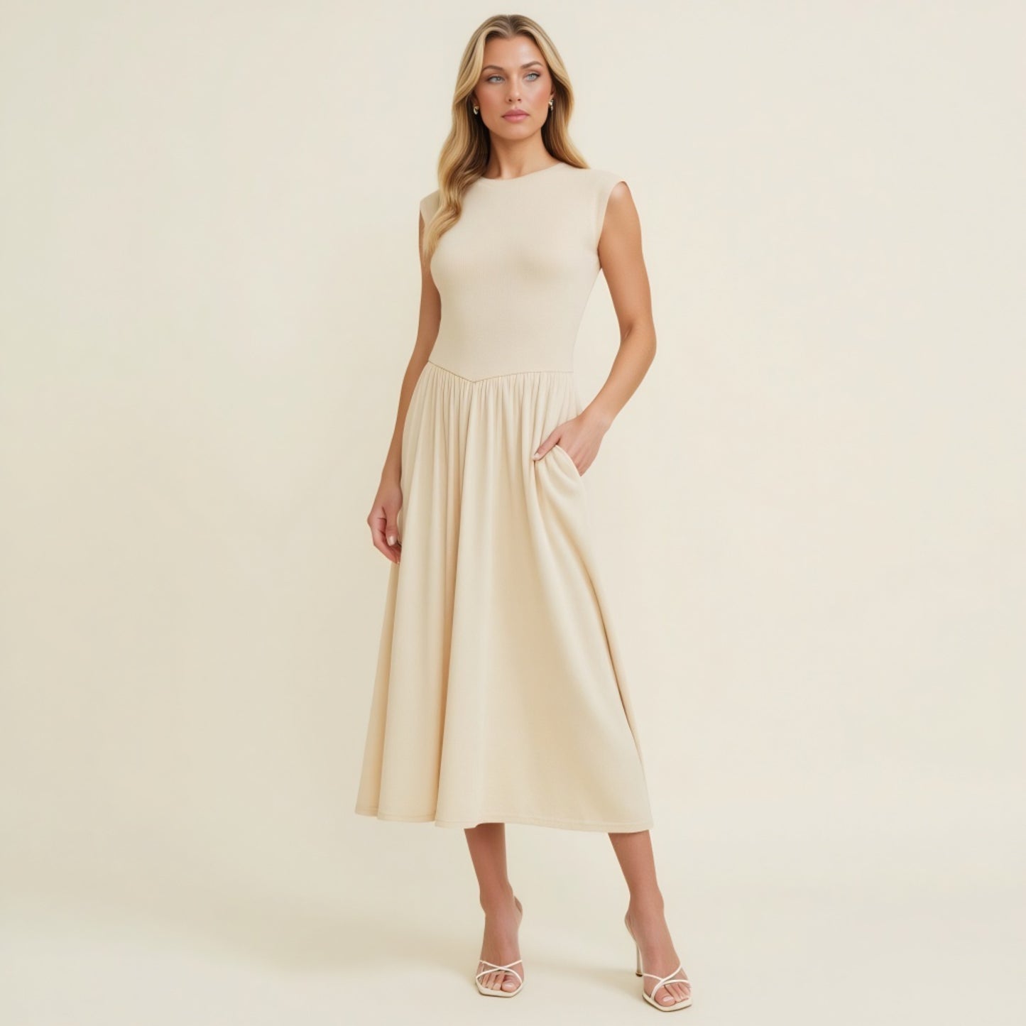 Cap Sleeve Knit Bodice Dress with Flowy Midi Skirt and Side Pockets