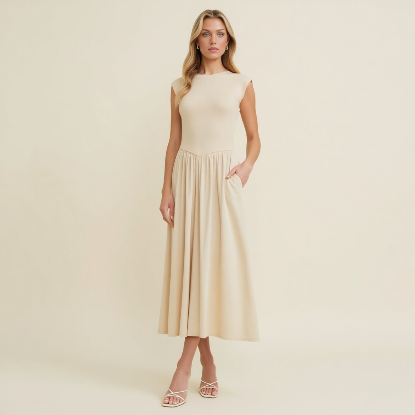 Cap Sleeve Knit Bodice Dress with Flowy Midi Skirt and Side Pockets