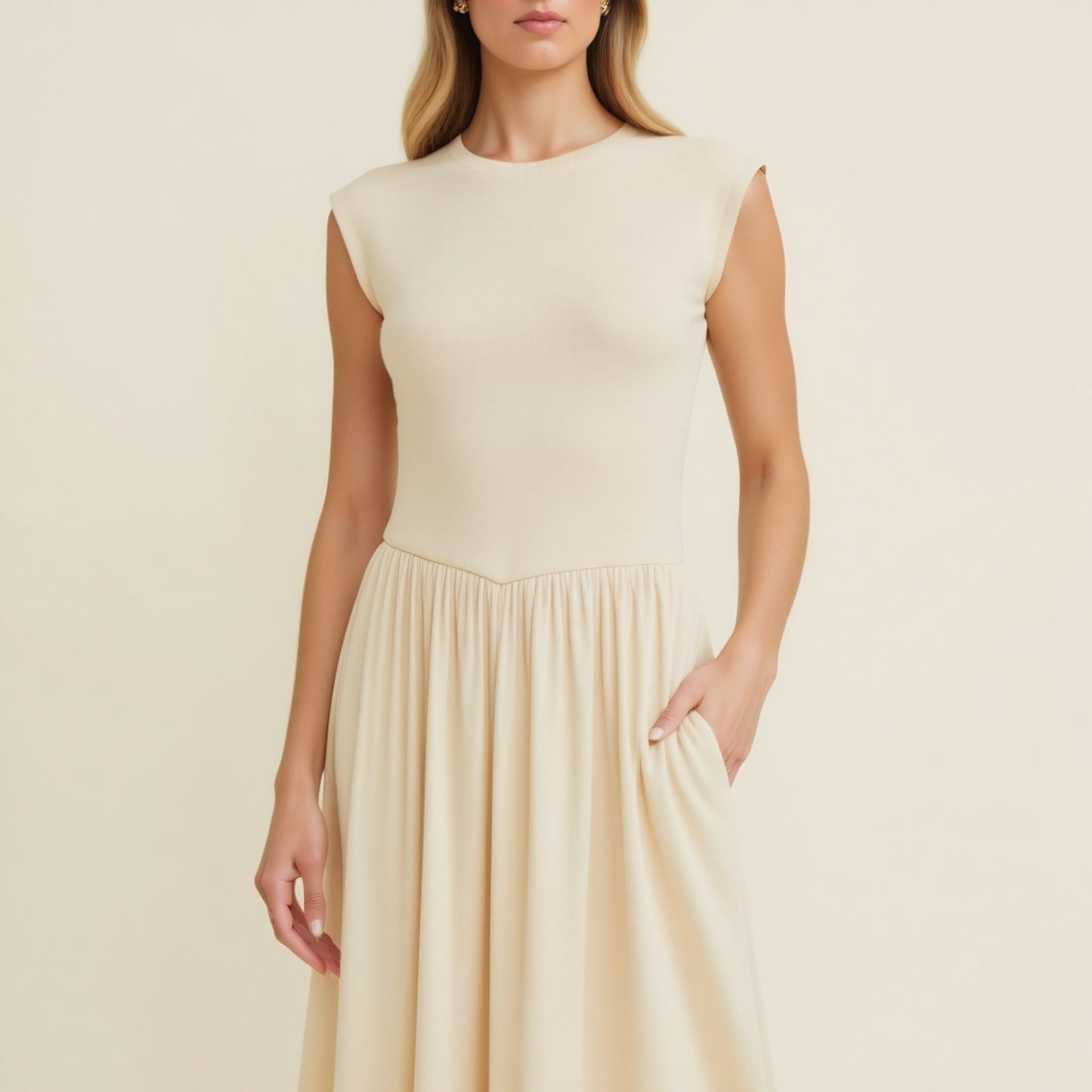 Cap Sleeve Knit Bodice Dress with Flowy Midi Skirt and Side Pockets