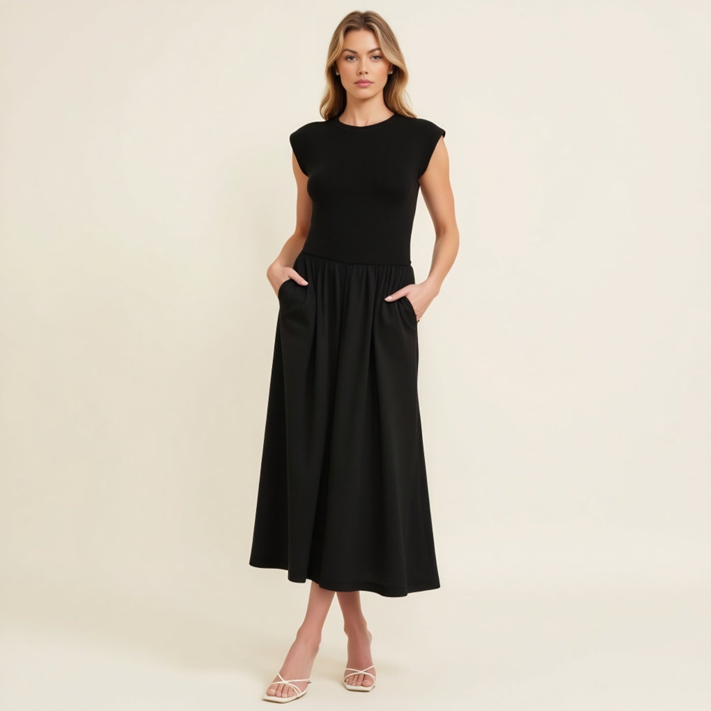 Cap Sleeve Fitted Bodice Dress with Gathered Midi Skirt and Pockets