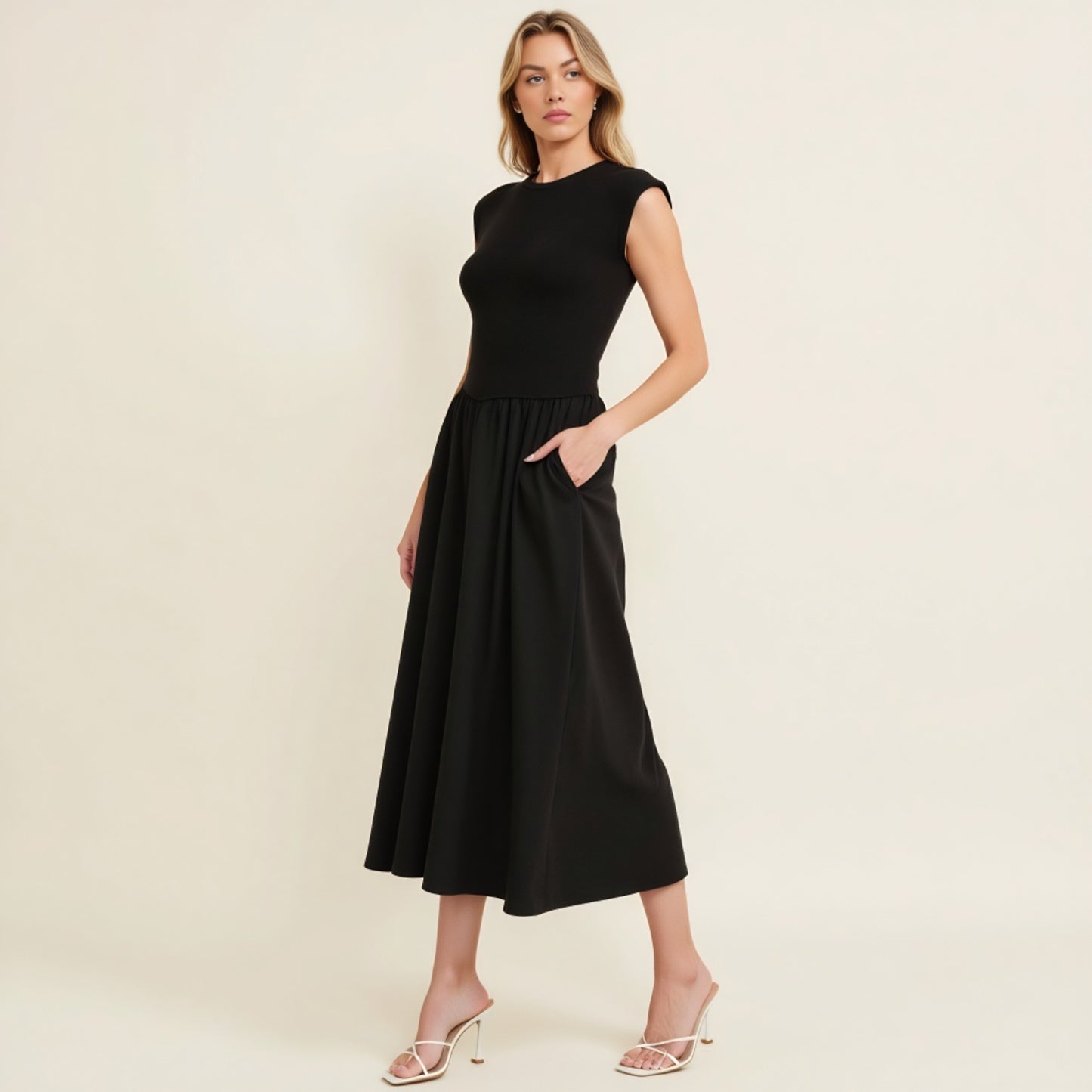 Cap Sleeve Fitted Bodice Dress with Gathered Midi Skirt and Pockets