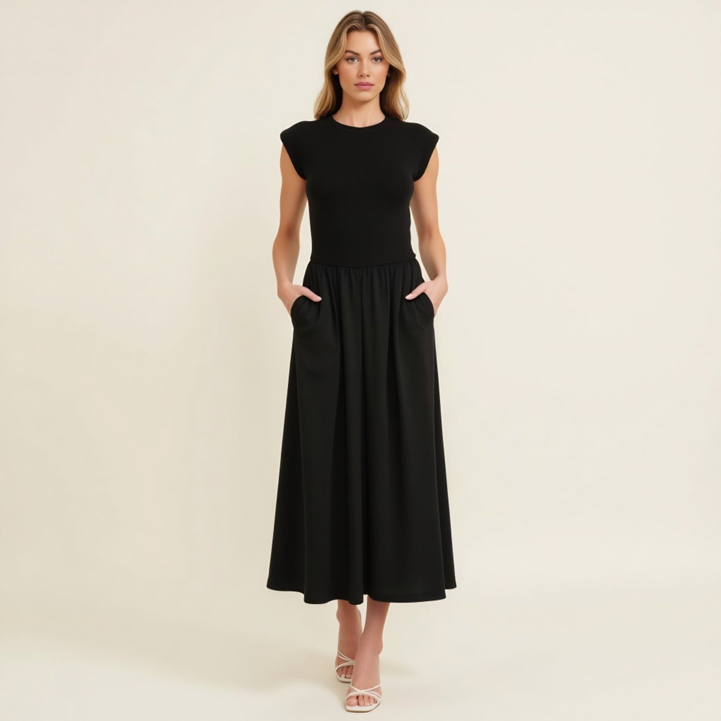 Cap Sleeve Fitted Bodice Dress with Gathered Midi Skirt and Pockets