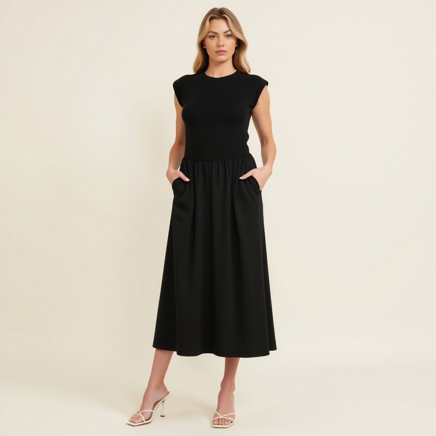 Cap Sleeve Fitted Bodice Dress with Gathered Midi Skirt and Pockets