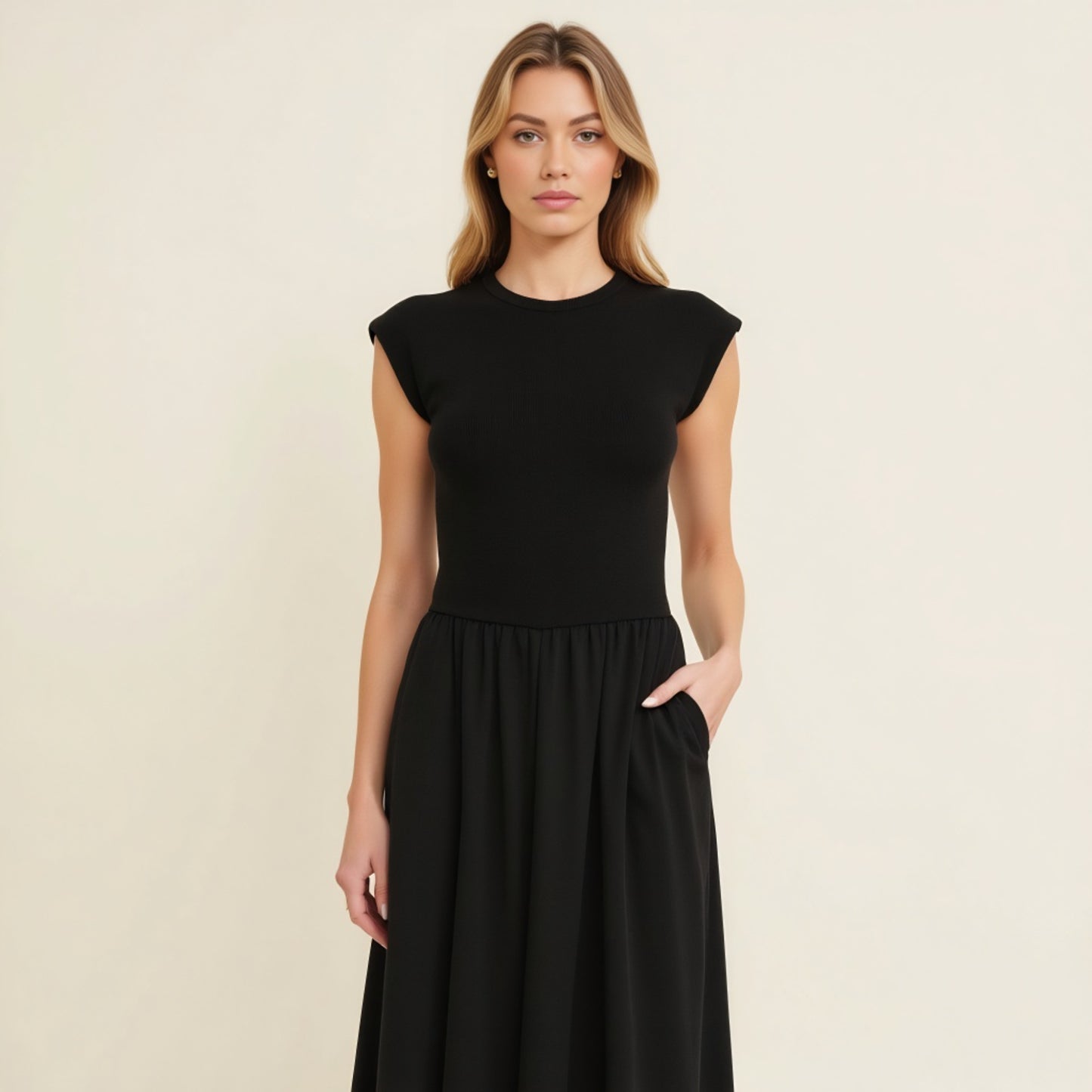 Cap Sleeve Fitted Bodice Dress with Gathered Midi Skirt and Pockets