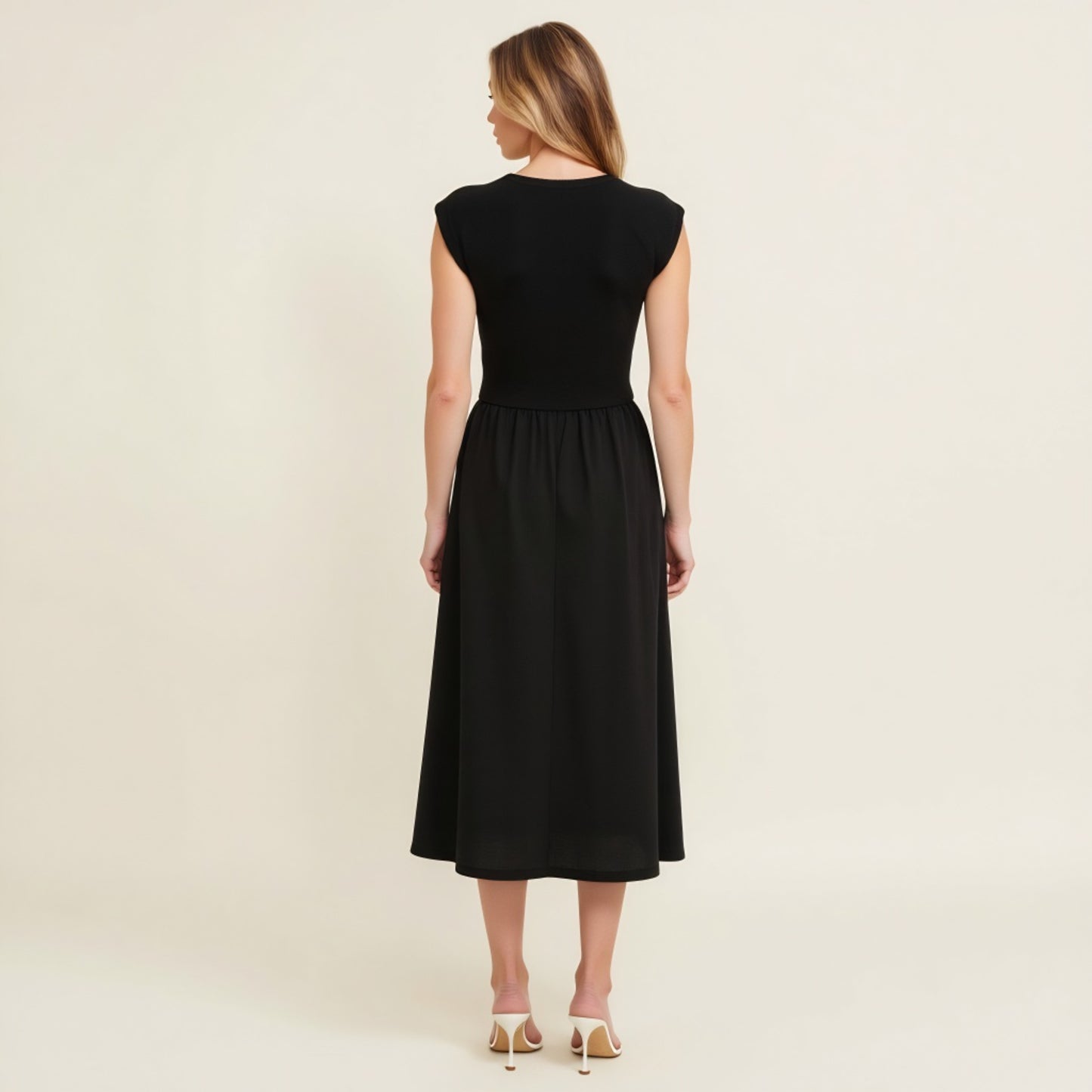 Cap Sleeve Fitted Bodice Dress with Gathered Midi Skirt and Pockets