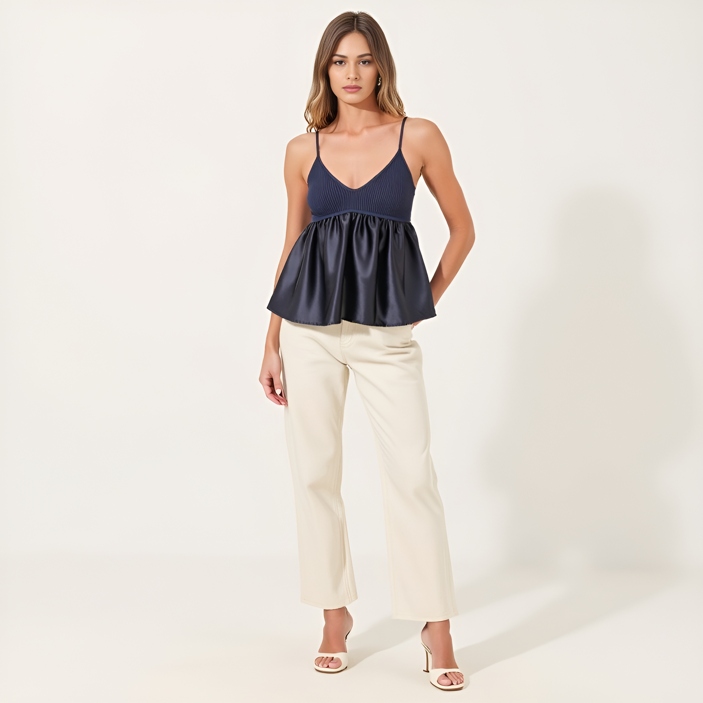 Knit Ribbed Bodice Satin Babydoll Cami Top with Spaghetti Straps